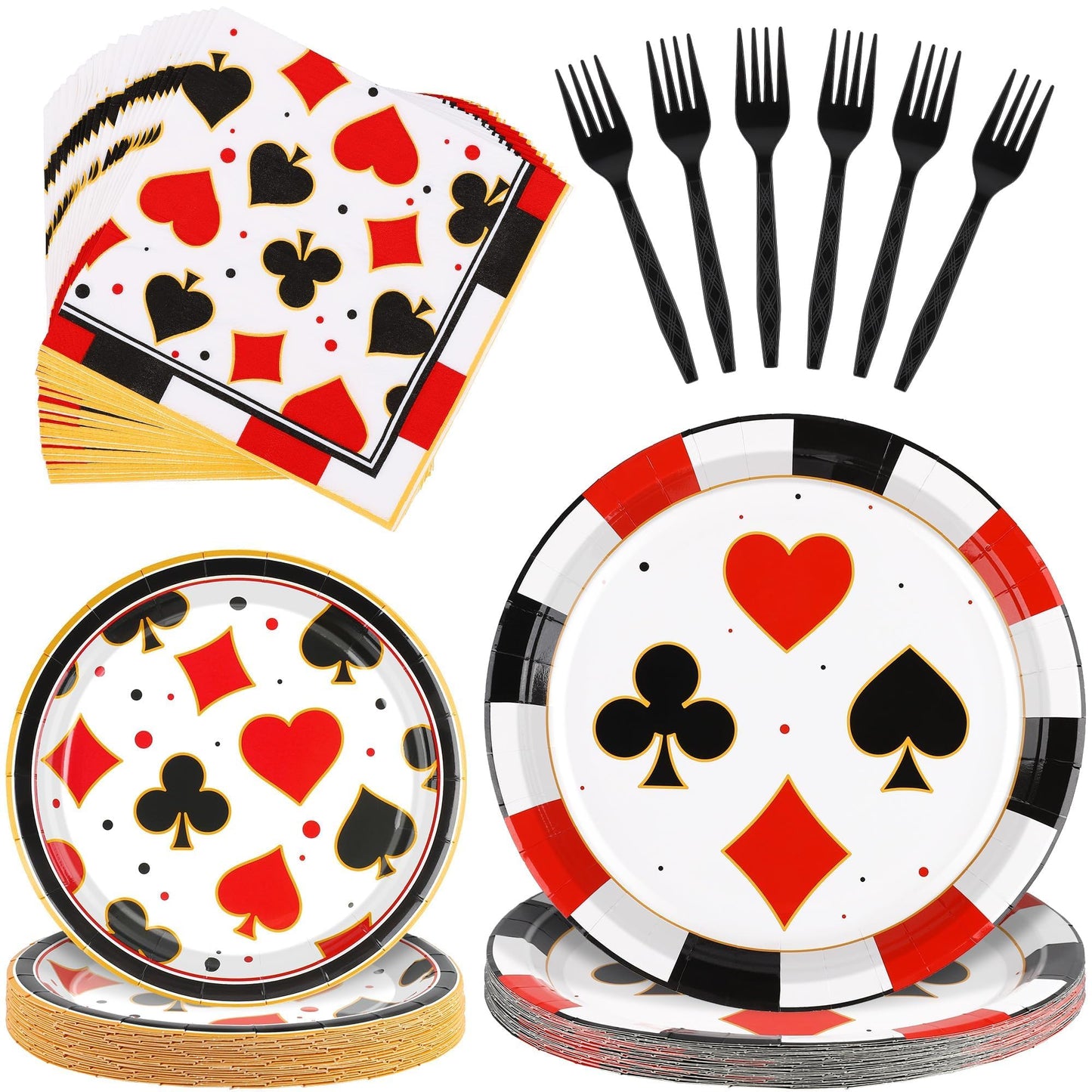 Durony 96-Piece Casino Theme Party Supplies – Plates, Napkins & Forks for Vegas-Style Events