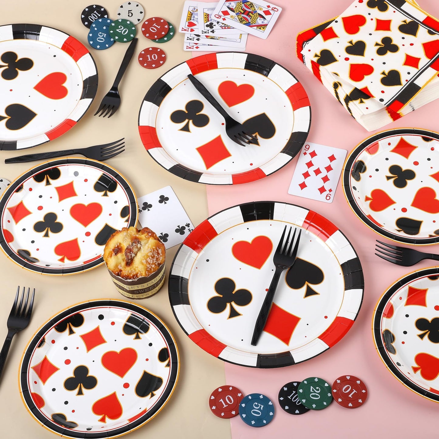 Durony 96-Piece Casino Theme Party Supplies – Plates, Napkins & Forks for Vegas-Style Events