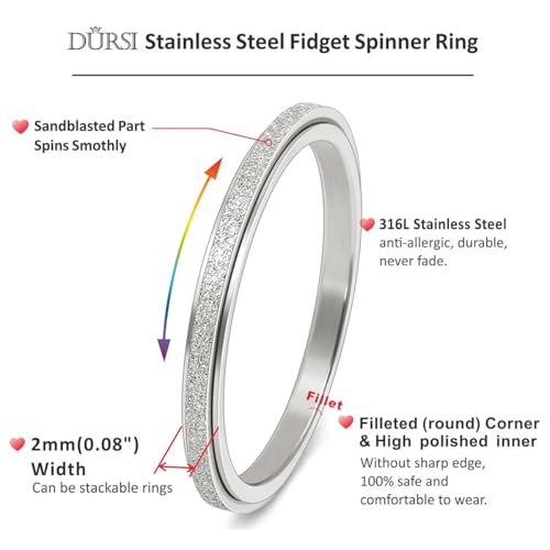 DURSI 2mm Stainless Steel Spinner Ring – Anxiety Relief Fidget Ring (Silver)