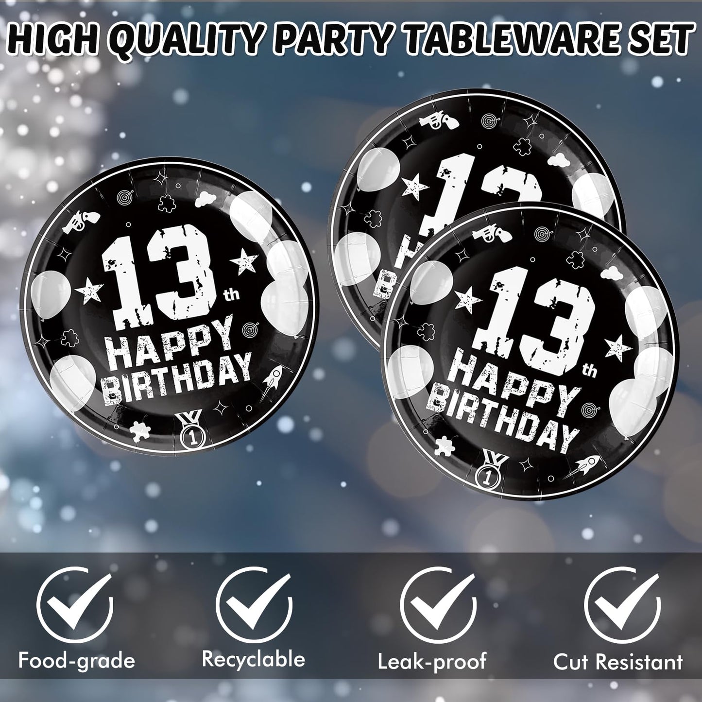DURYGEN 13th Birthday Party Supplies – Black & Silver Disposable Plates & Napkins for Teens