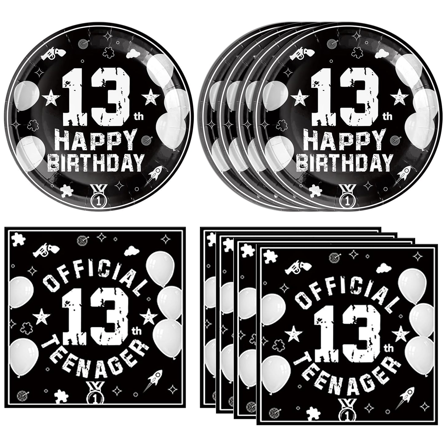 DURYGEN 13th Birthday Party Supplies – Black & Silver Disposable Plates & Napkins for Teens