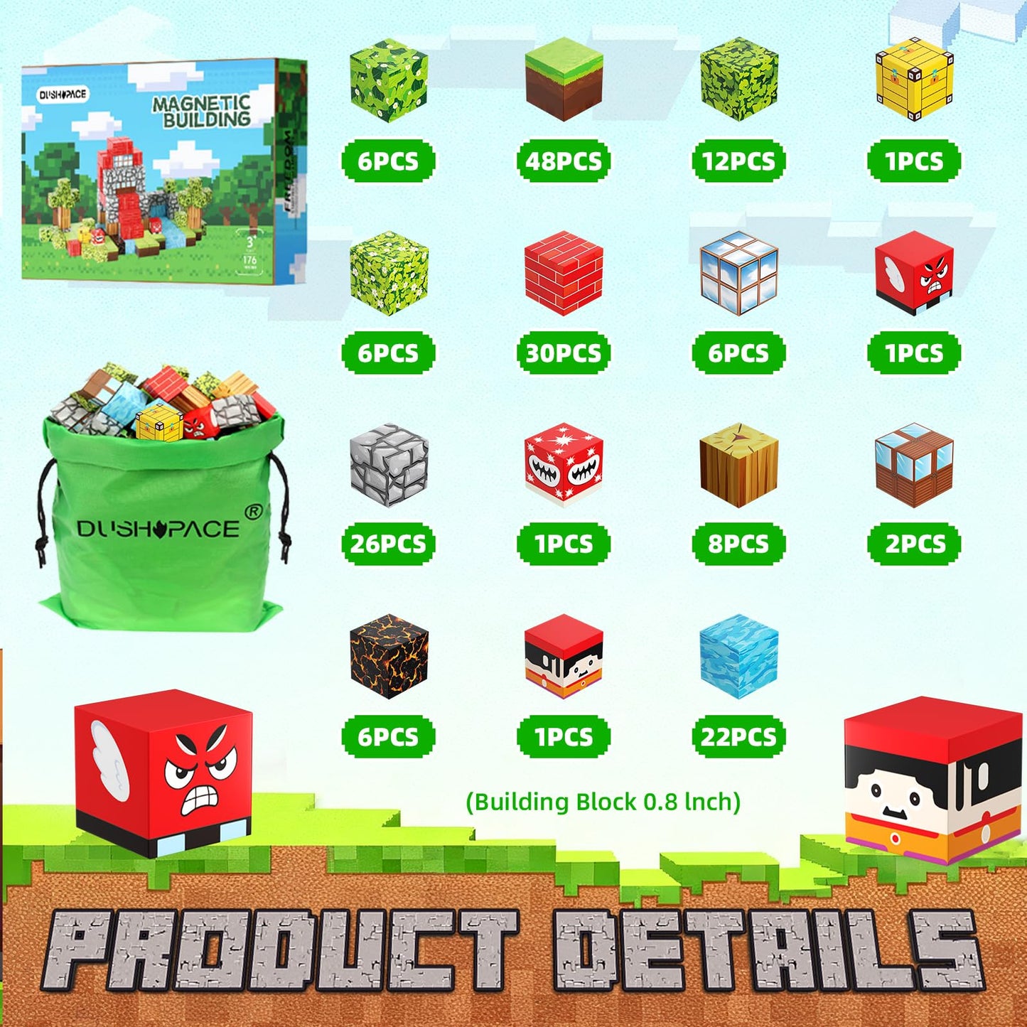 DUSH PACE 176 PCS Magnetic Blocks for Kids 4-8 | STEM Building Toys and Educational Tiles