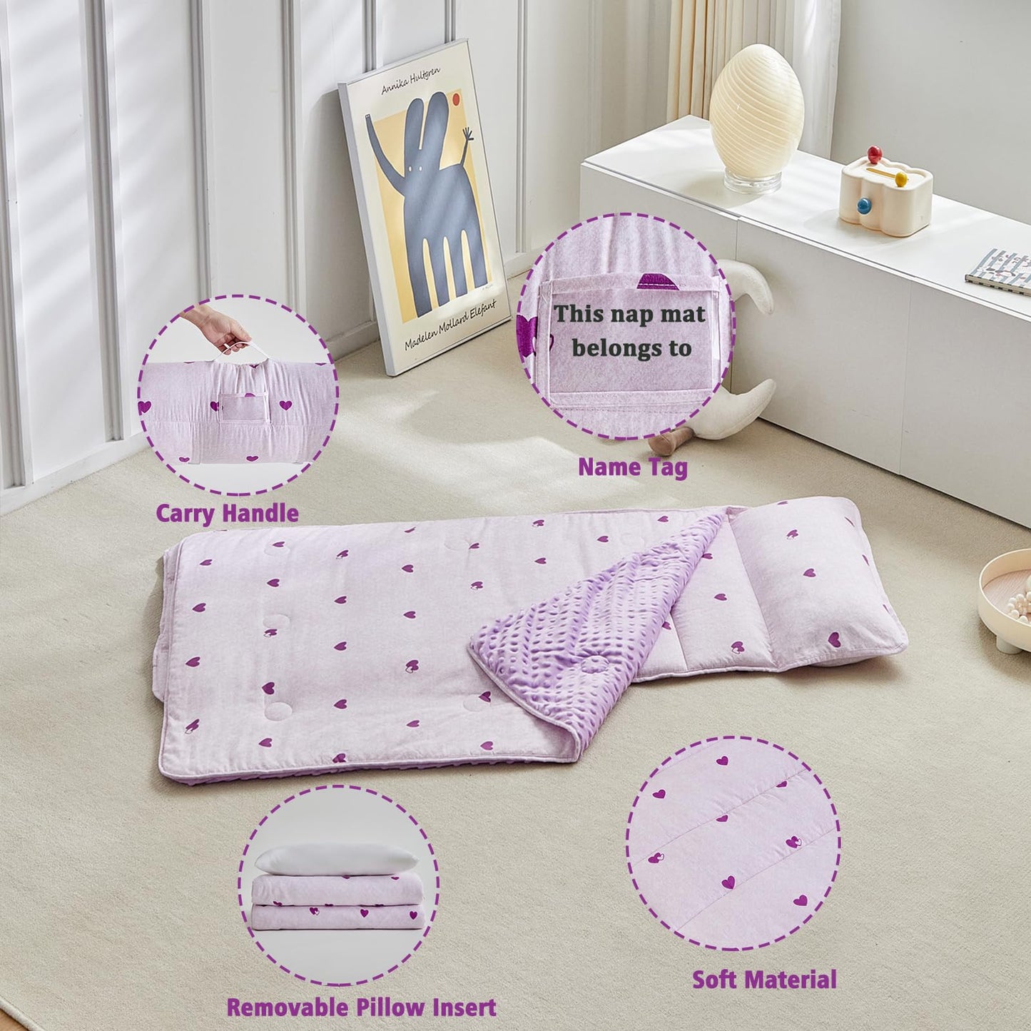 DuShow Toddler Nap Mat with Pillow & Blanket – Purple Heart Slumber Bag for Girls