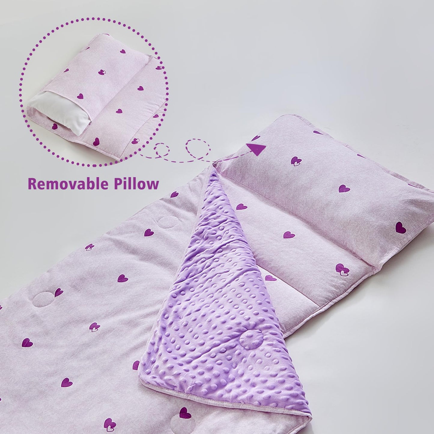 DuShow Toddler Nap Mat with Pillow & Blanket – Purple Heart Slumber Bag for Girls