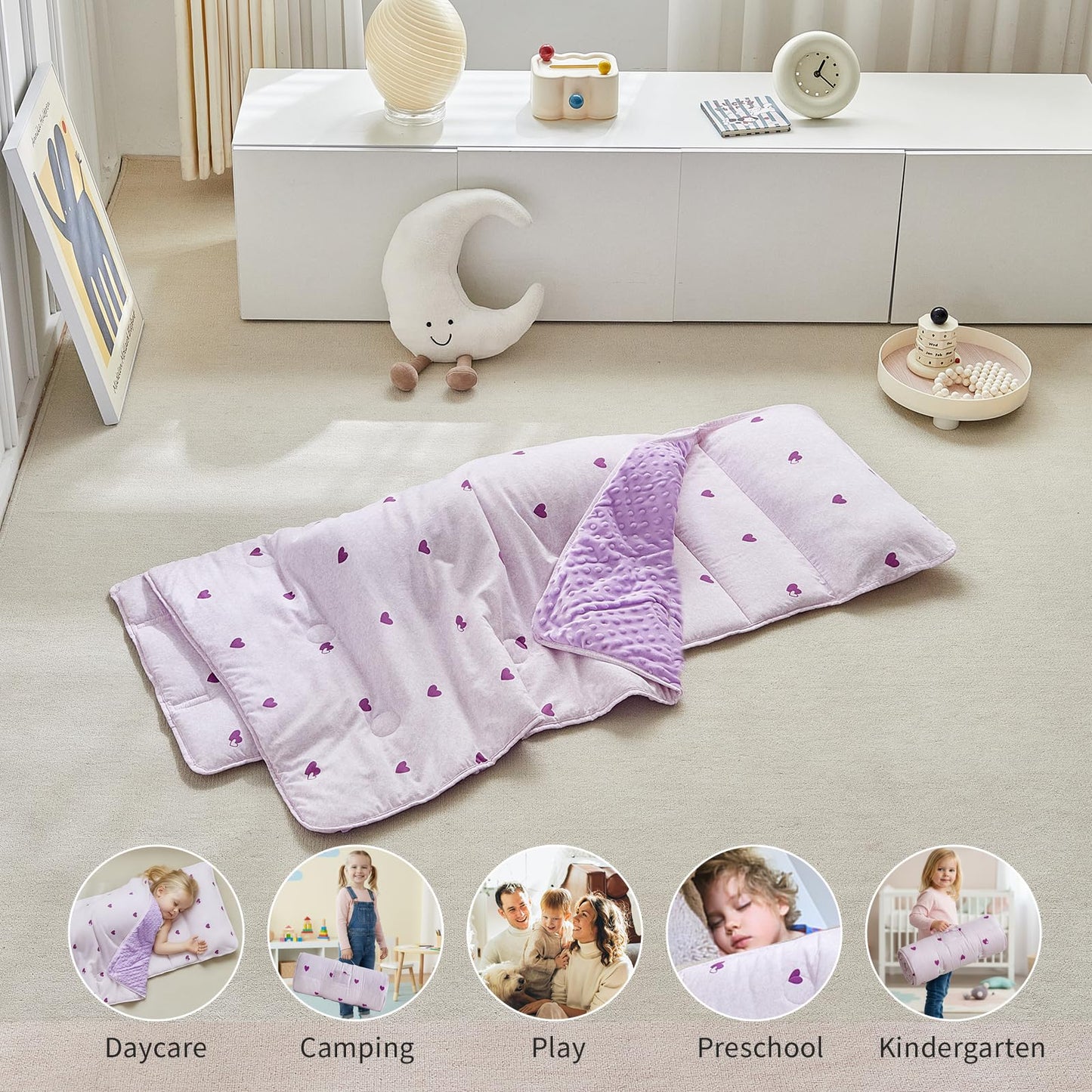 DuShow Toddler Nap Mat with Pillow & Blanket – Purple Heart Slumber Bag for Girls