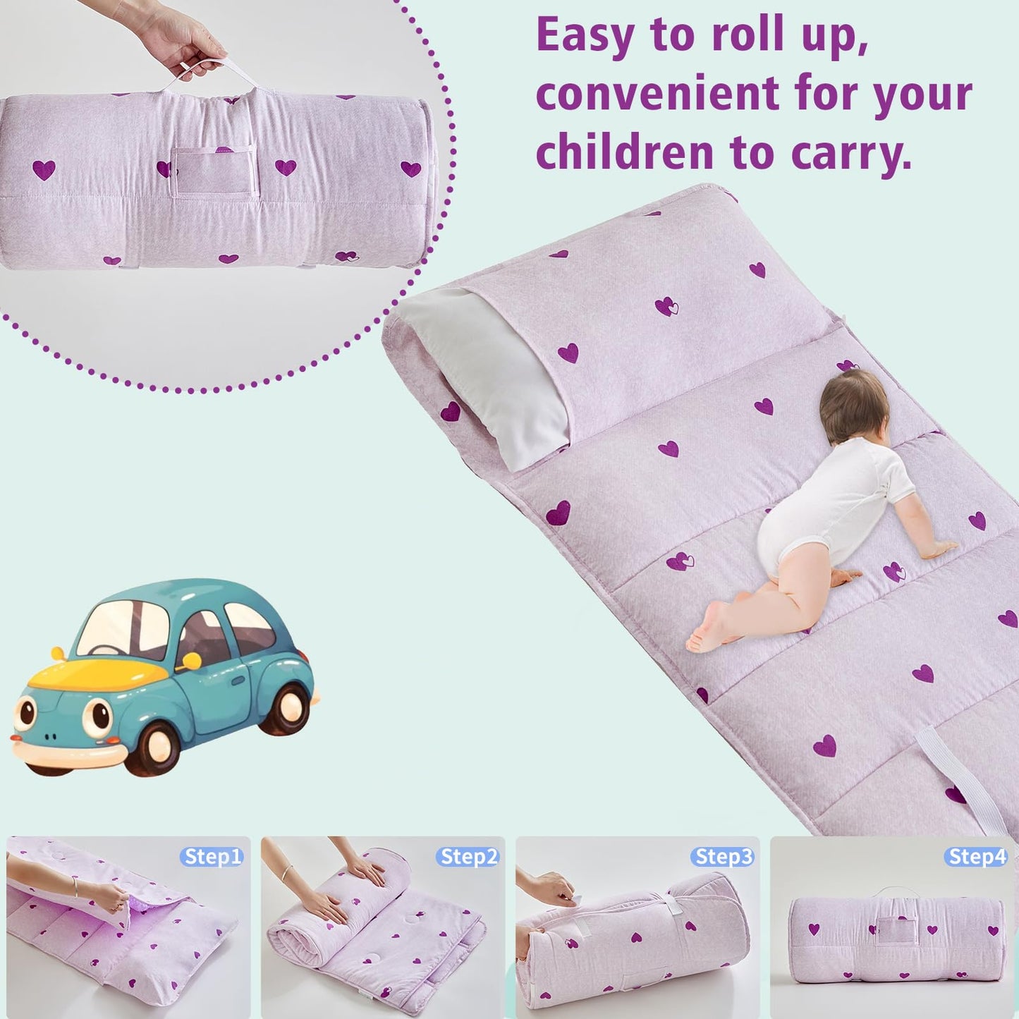 DuShow Toddler Nap Mat with Pillow & Blanket – Purple Heart Slumber Bag for Girls
