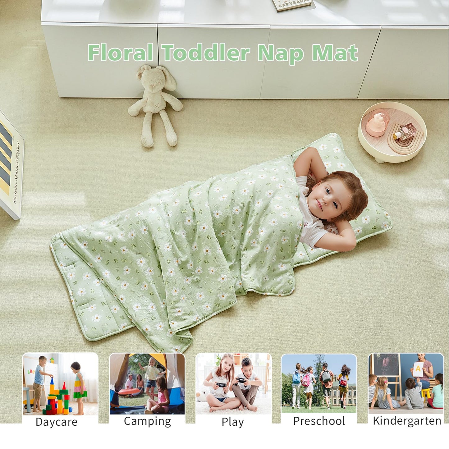 DuShow Toddler Nap Mat with Pillow & Blanket - Green Floral, 53x21 in (Ages 3-6)
