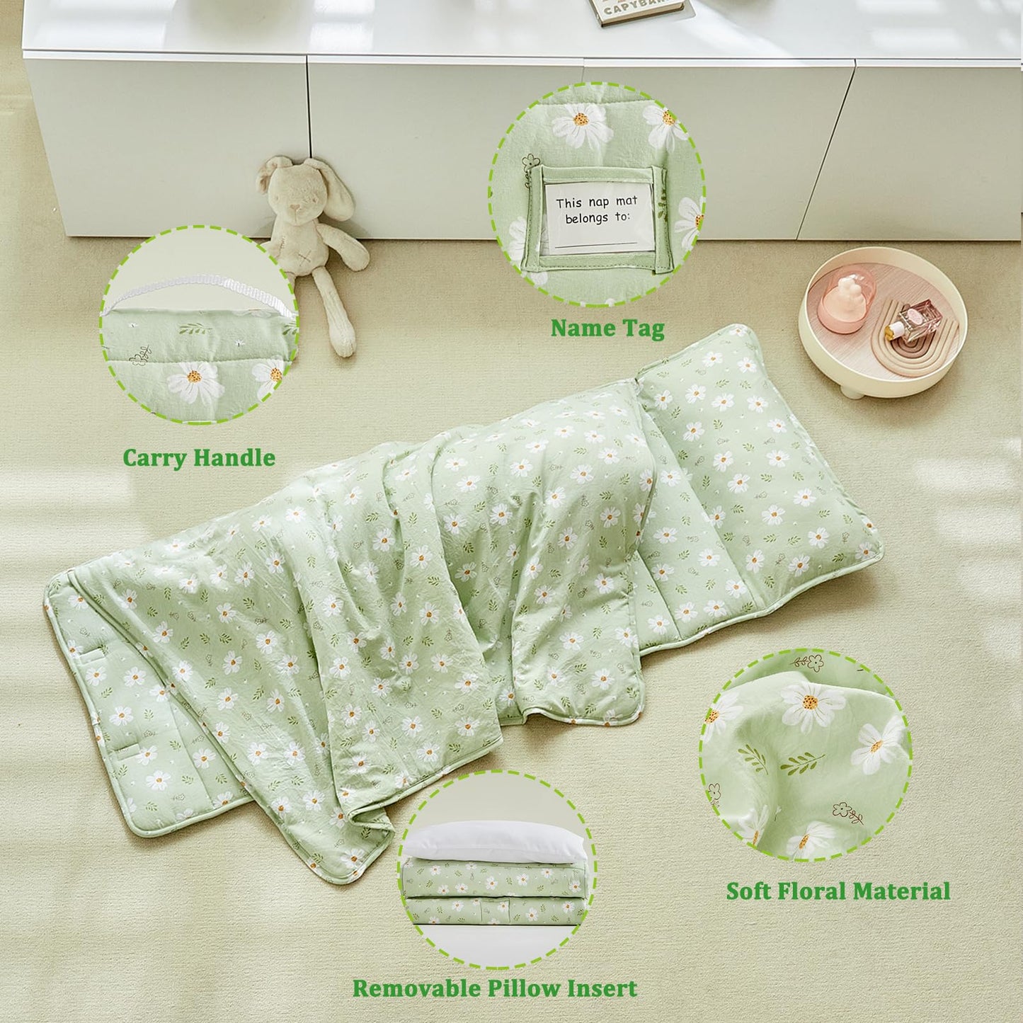 DuShow Toddler Nap Mat with Pillow & Blanket - Green Floral, 53x21 in (Ages 3-6)
