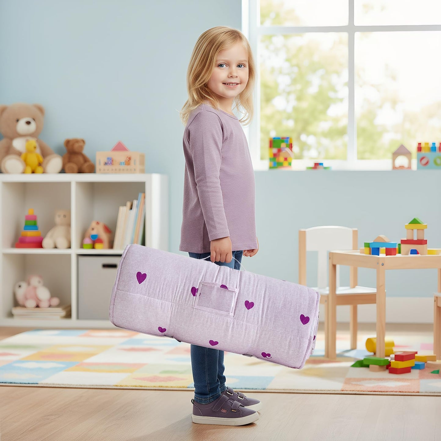 DuShow Toddler Nap Mat with Pillow & Blanket – Purple Heart Slumber Bag for Girls