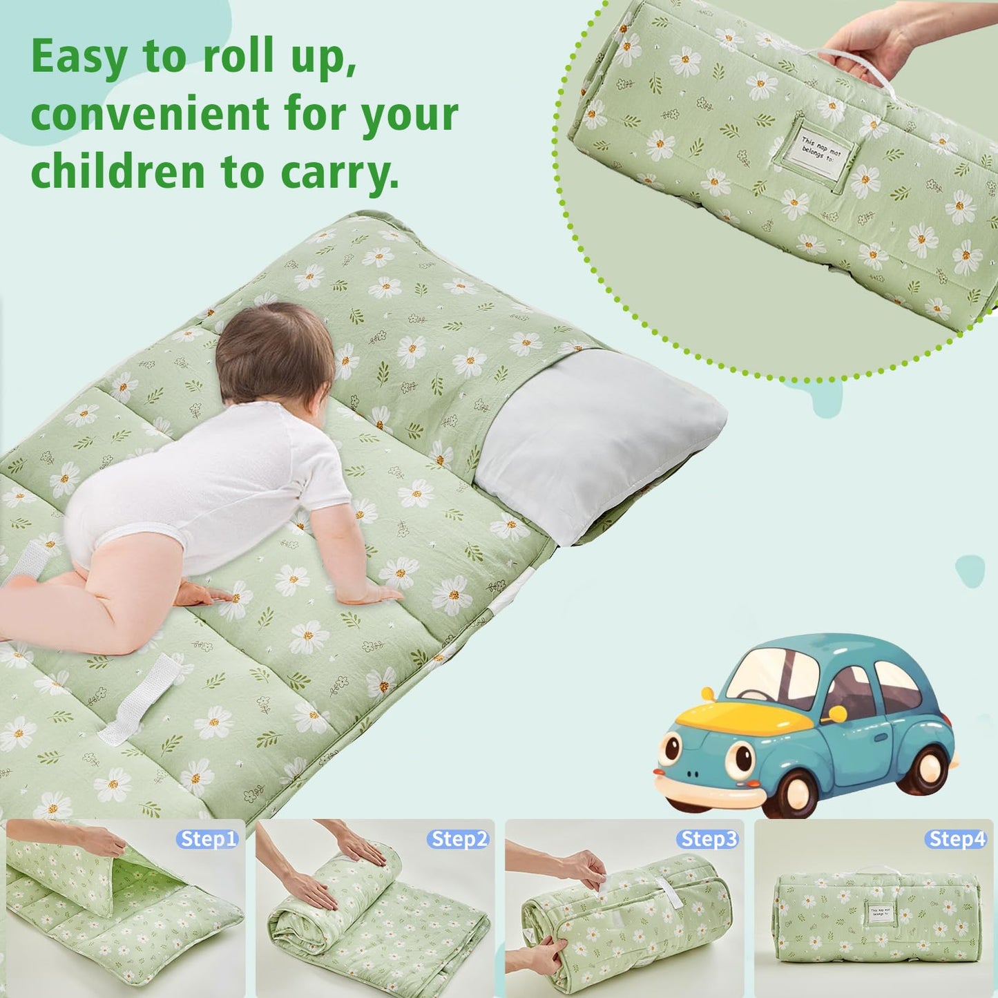 DuShow Toddler Nap Mat with Pillow & Blanket - Green Floral, 53x21 in (Ages 3-6)