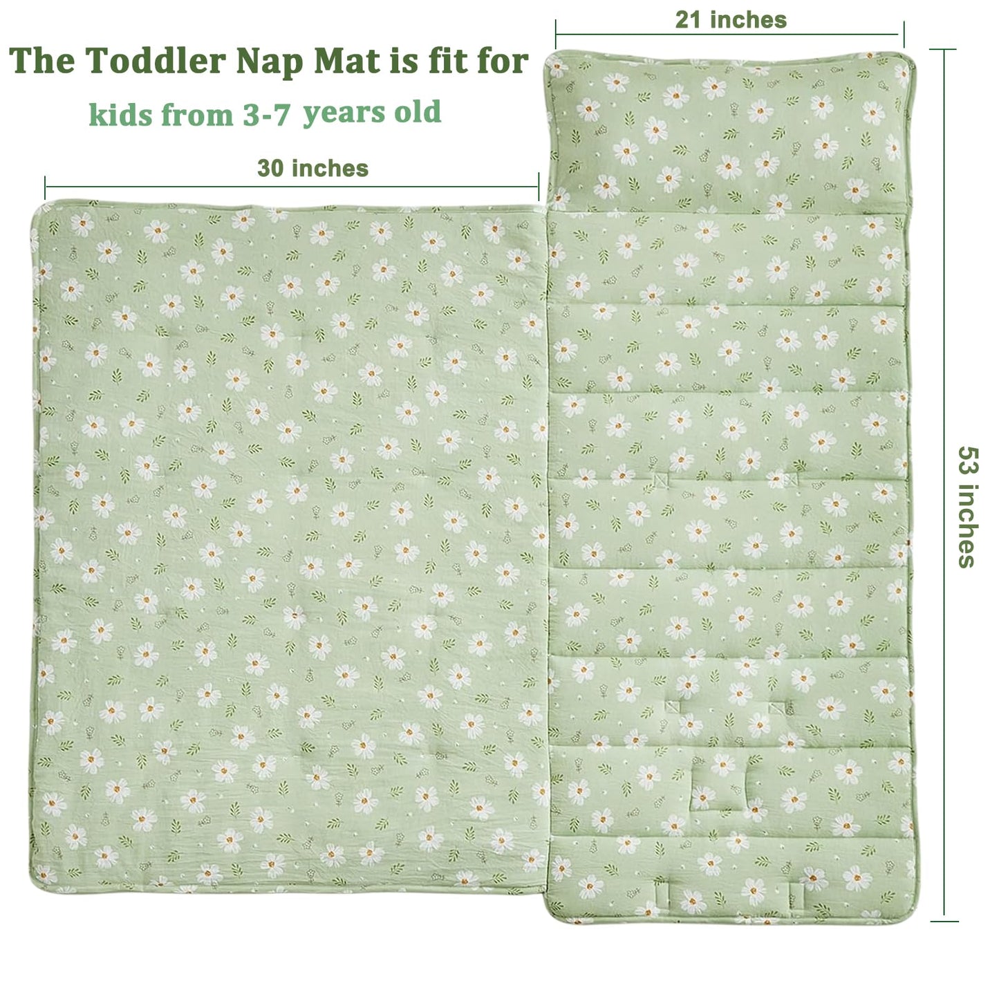 DuShow Toddler Nap Mat with Pillow & Blanket - Green Floral, 53x21 in (Ages 3-6)