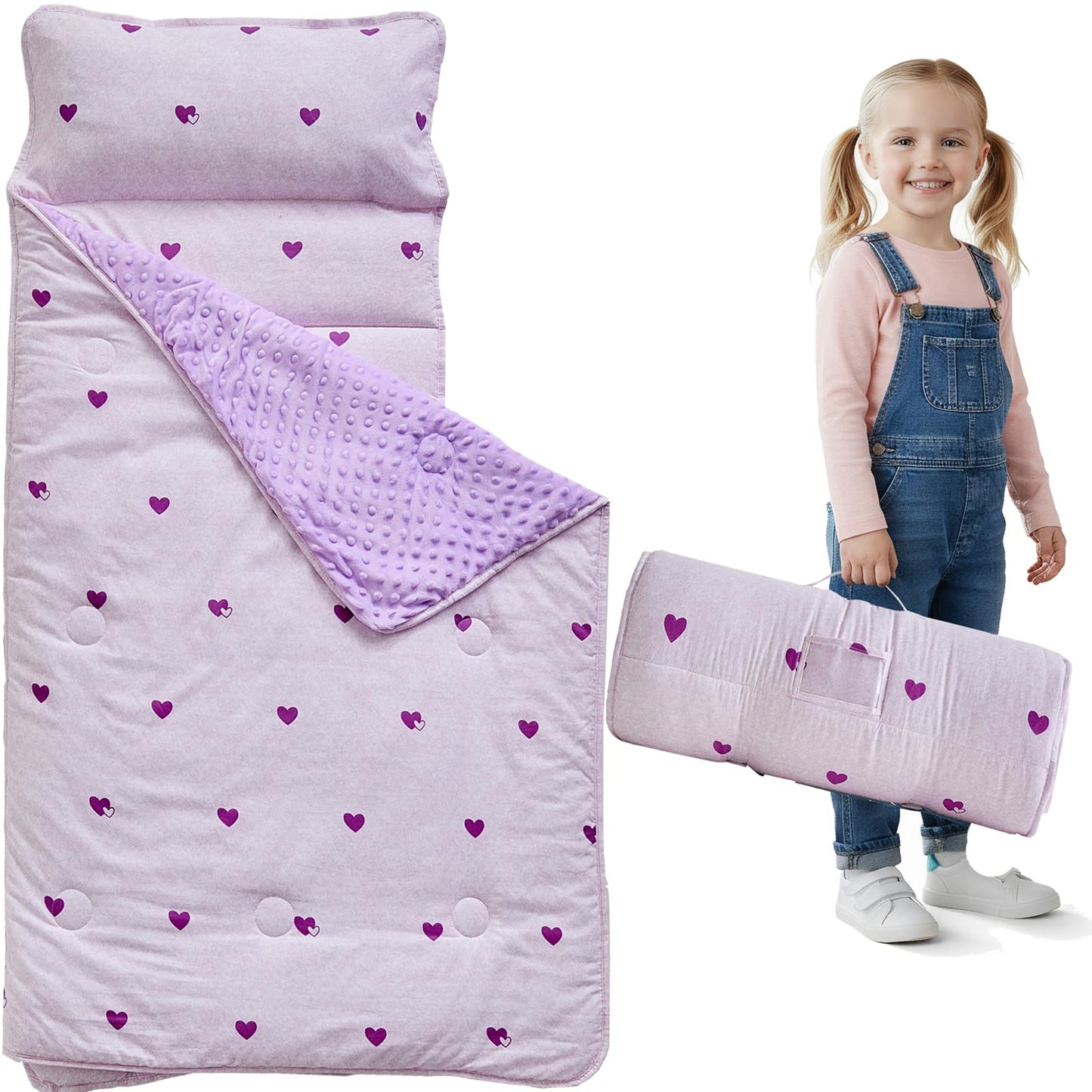 DuShow Toddler Nap Mat with Pillow & Blanket – Purple Heart Slumber Bag for Girls