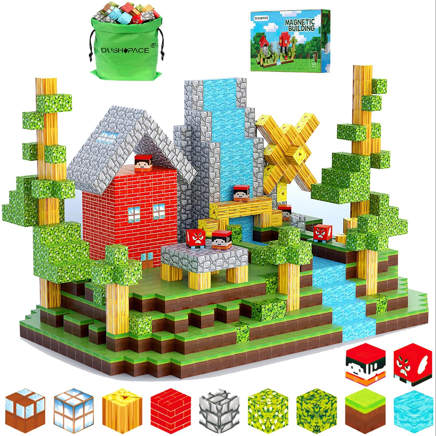DUSH PACE Magnetic Building Blocks – 120 Pcs STEM Toy Set for Kids 3-12 with Storage Bag
