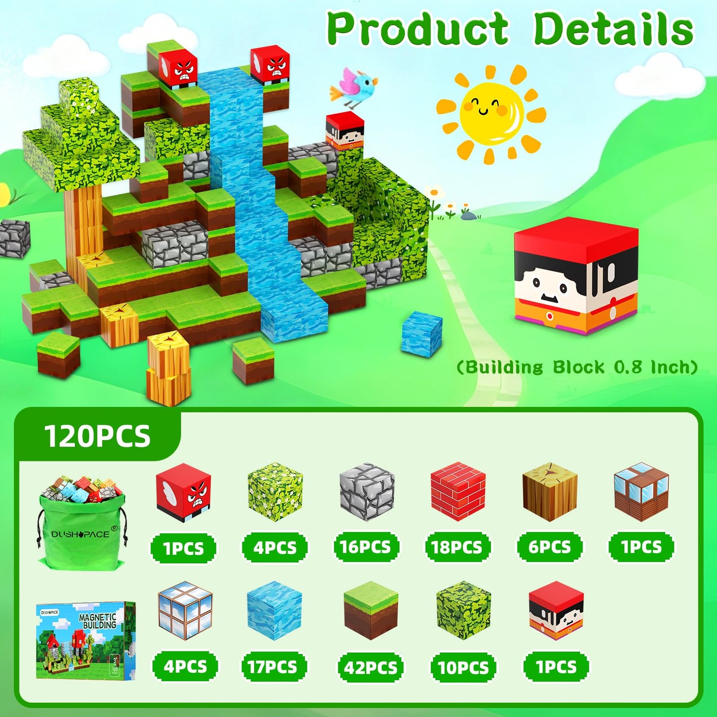 DUSH PACE Magnetic Building Blocks – 120 Pcs STEM Toy Set for Kids 3-12 with Storage Bag