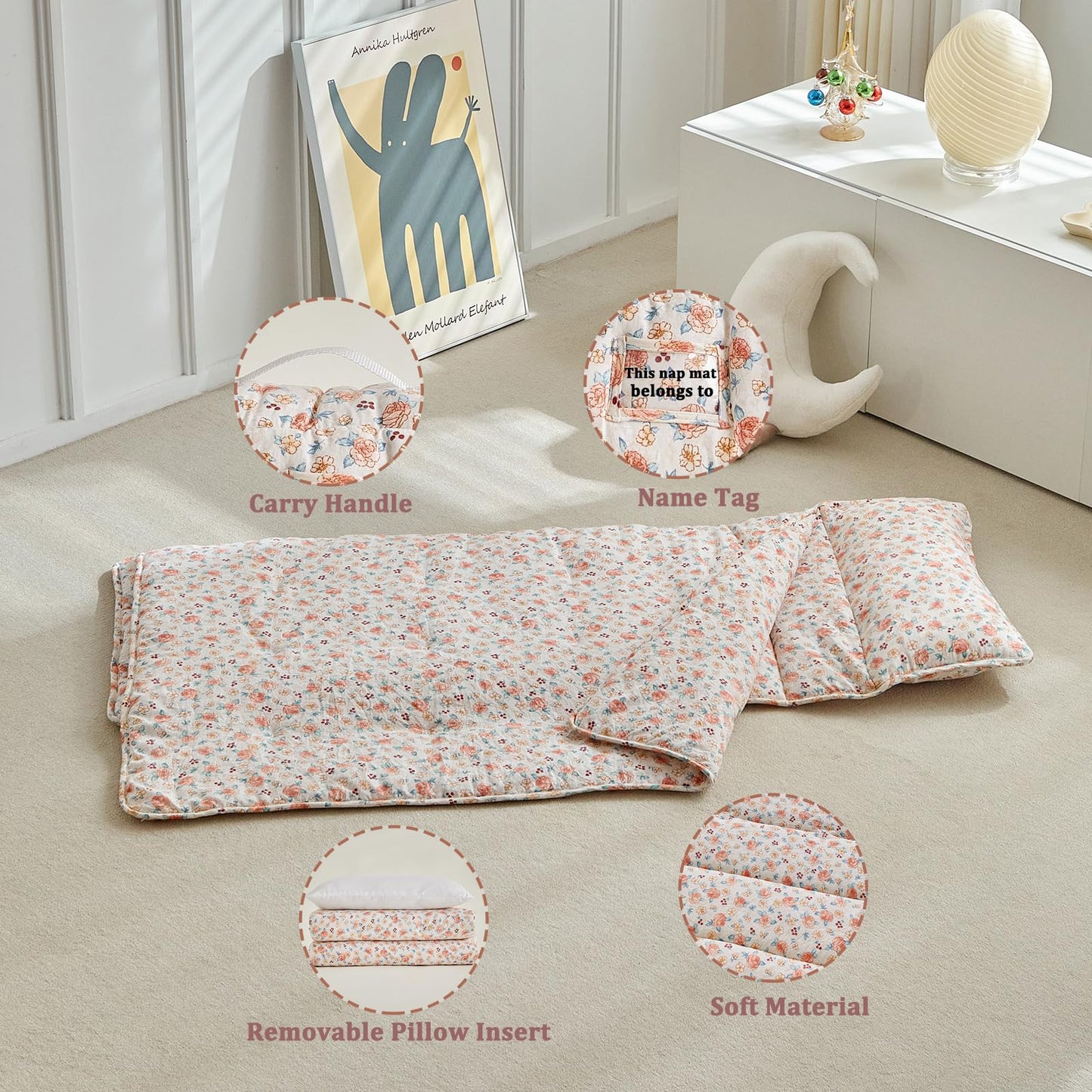DuShow Toddler Nap Mat with Pillow & Blanket – Pink Floral, Roll-Up Design (Ages 3–6)