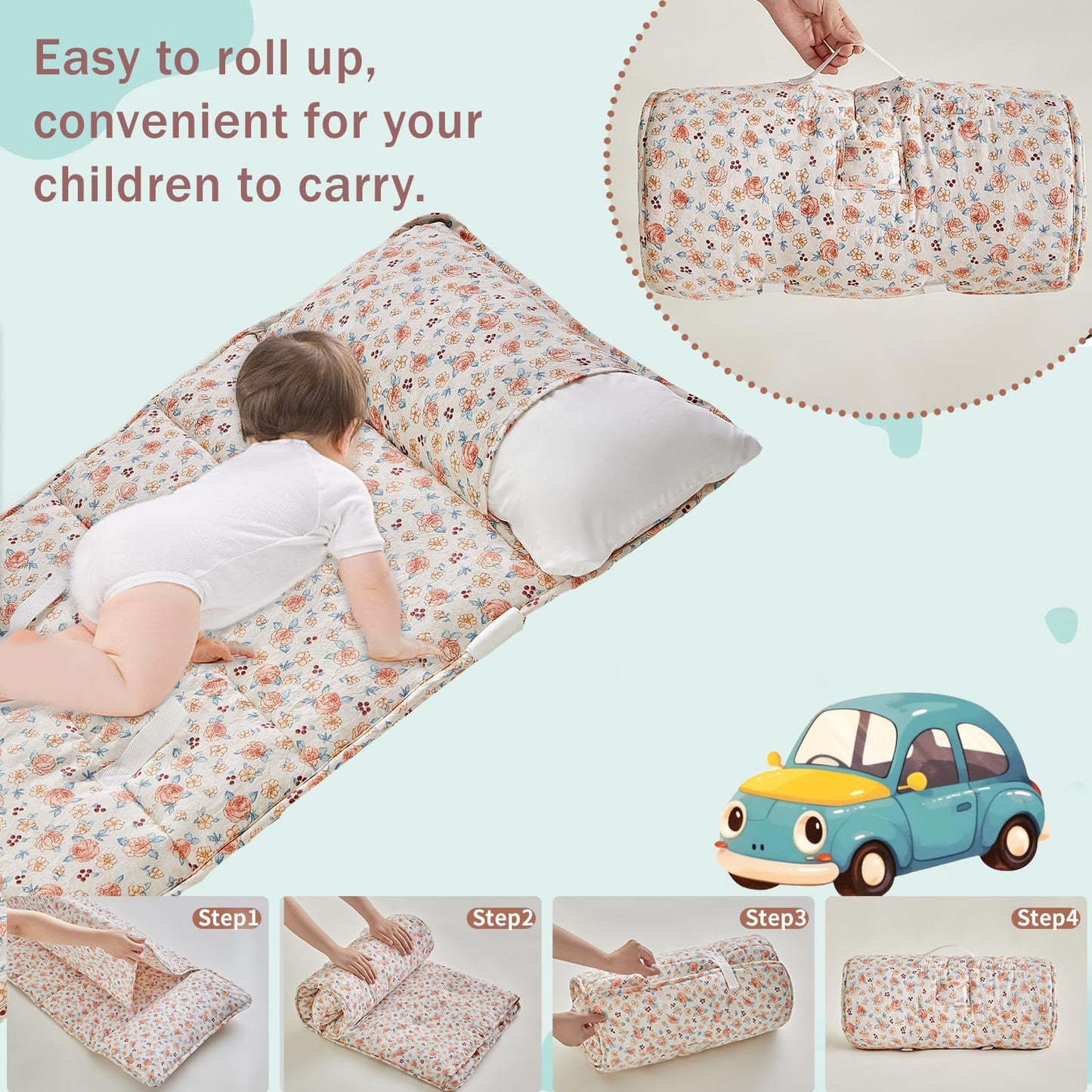 DuShow Toddler Nap Mat with Pillow & Blanket – Pink Floral, Roll-Up Design (Ages 3–6)