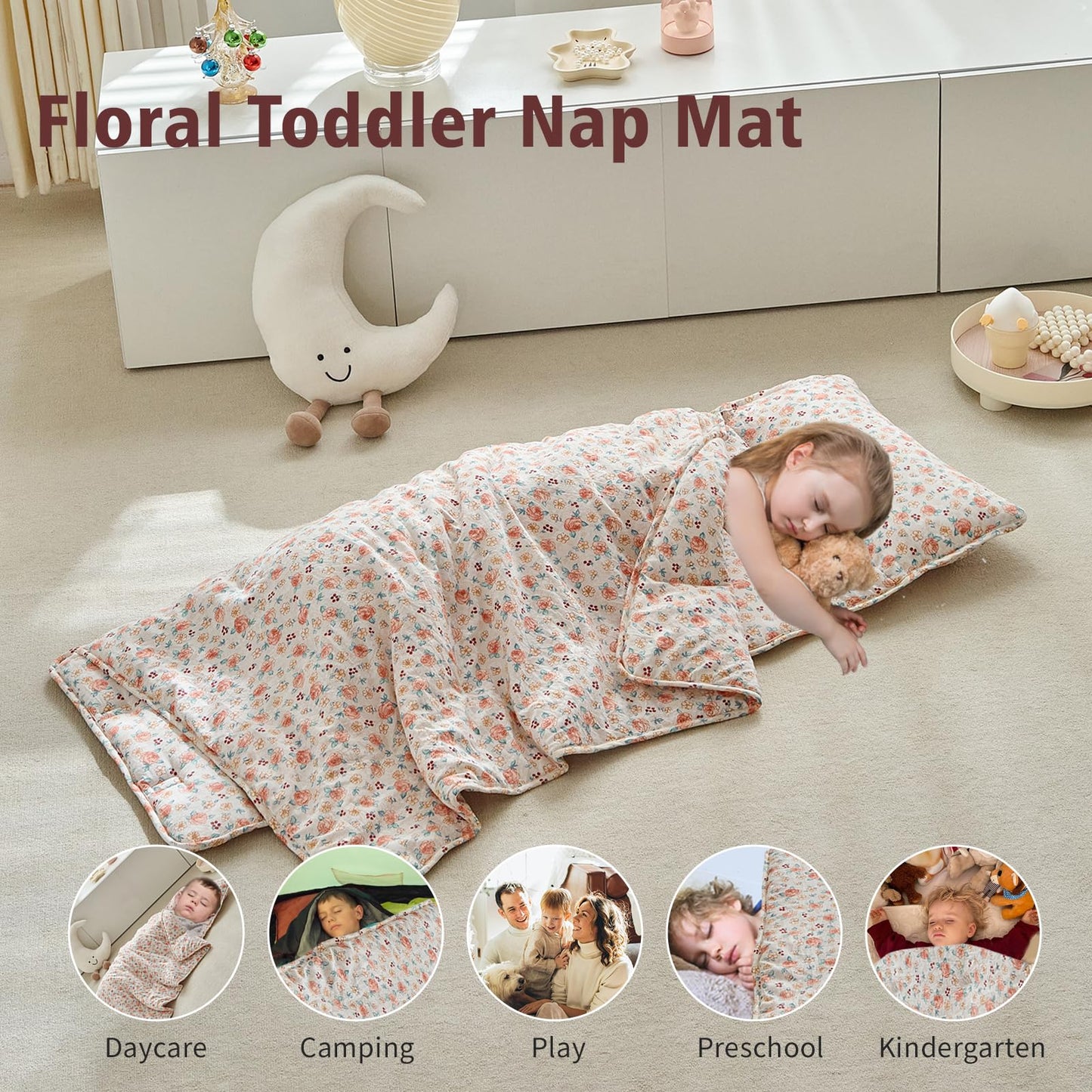 DuShow Toddler Nap Mat with Pillow & Blanket – Pink Floral, Roll-Up Design (Ages 3–6)