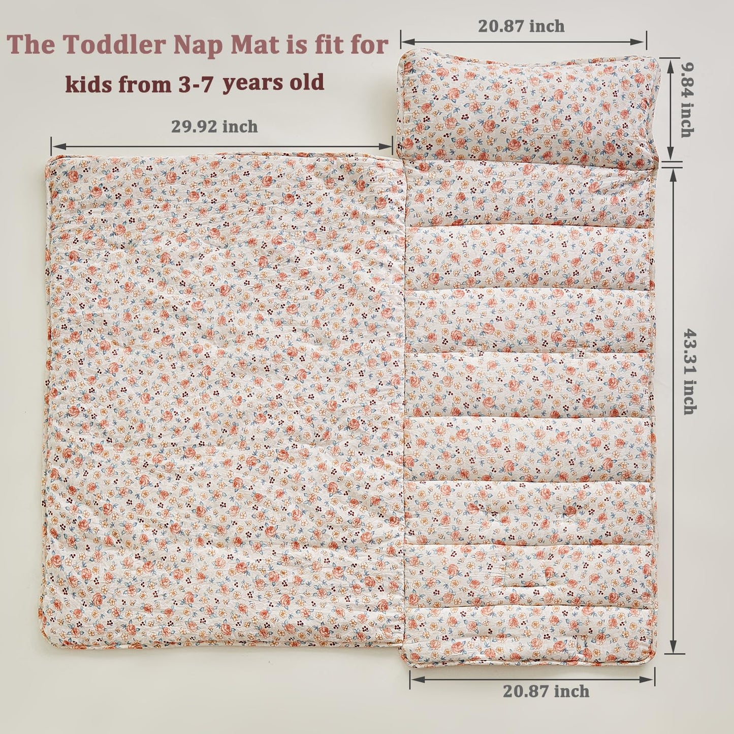 DuShow Toddler Nap Mat with Pillow & Blanket – Pink Floral, Roll-Up Design (Ages 3–6)