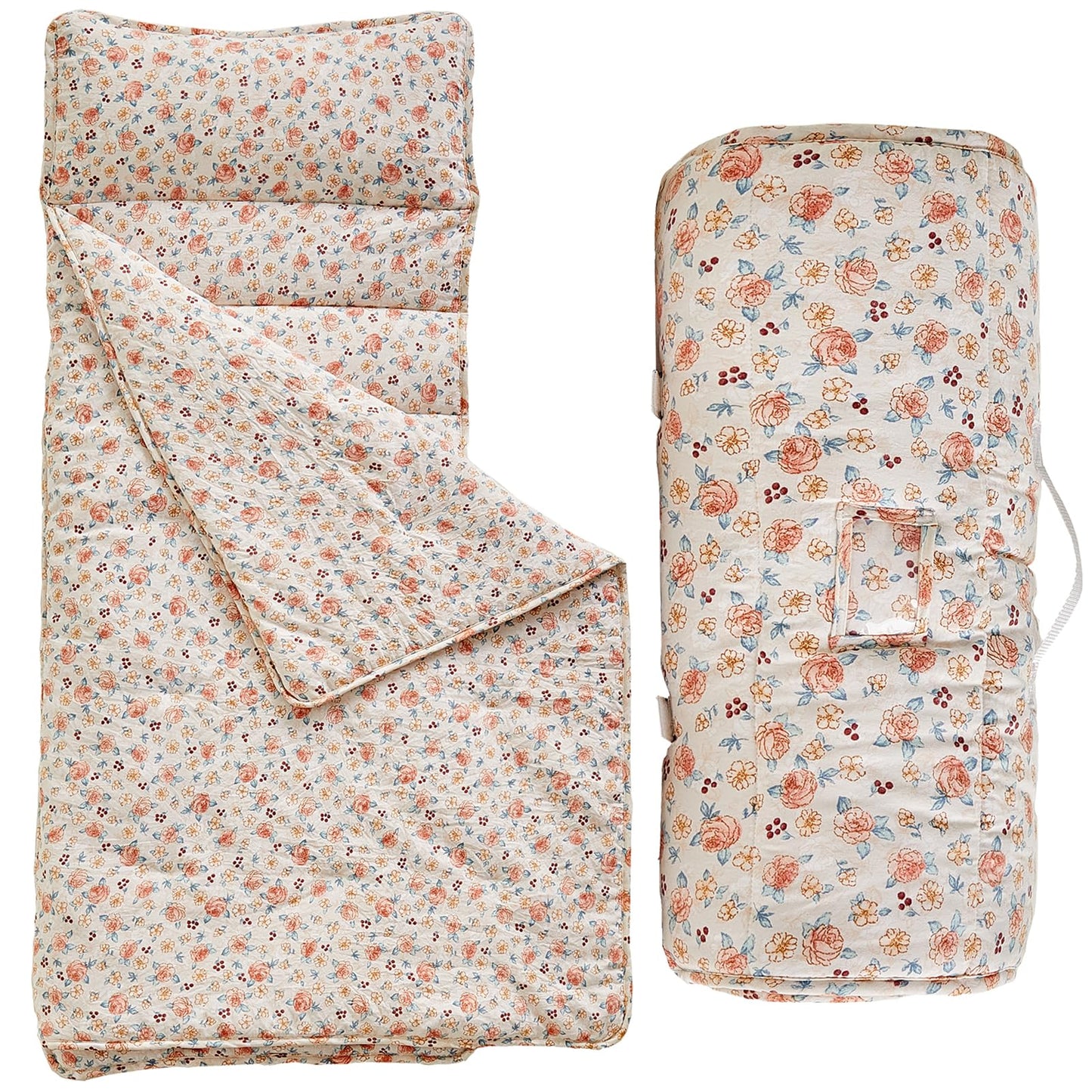 DuShow Toddler Nap Mat with Pillow & Blanket – Pink Floral, Roll-Up Design (Ages 3–6)
