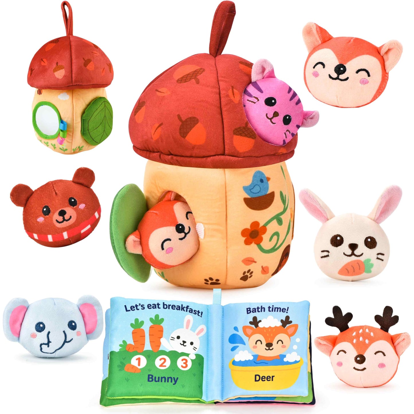Duwagtry Montessori Sensory Playset for 6–12 Months & 1 Year Olds | Acorn House, Plush Animals & Cloth Book
