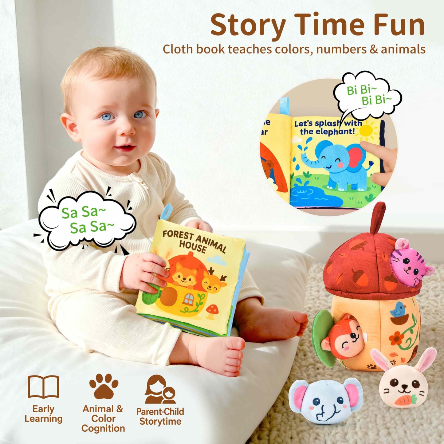 Duwagtry Montessori Sensory Playset for 6–12 Months & 1 Year Olds | Acorn House, Plush Animals & Cloth Book