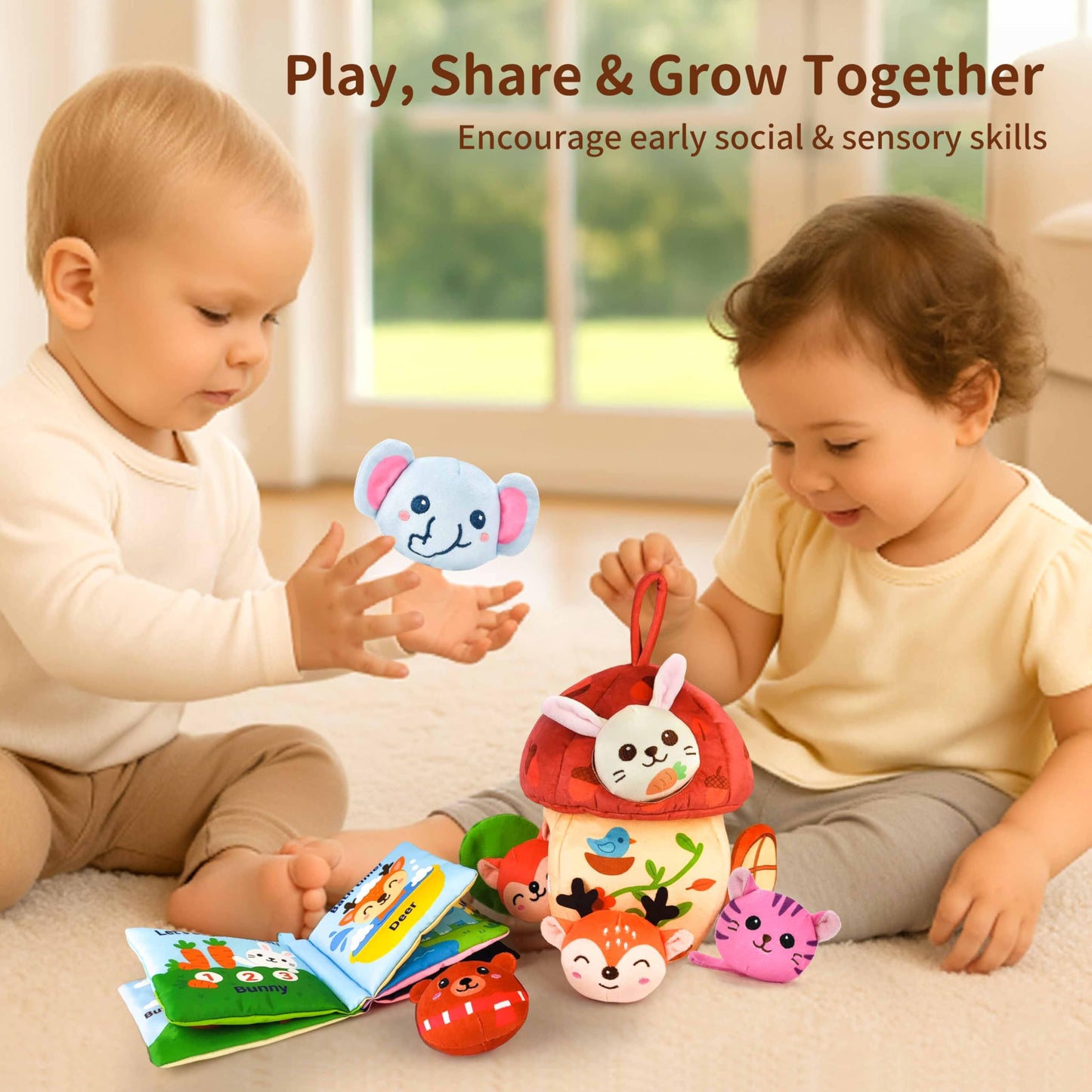 Duwagtry Montessori Sensory Playset for 6–12 Months & 1 Year Olds | Acorn House, Plush Animals & Cloth Book