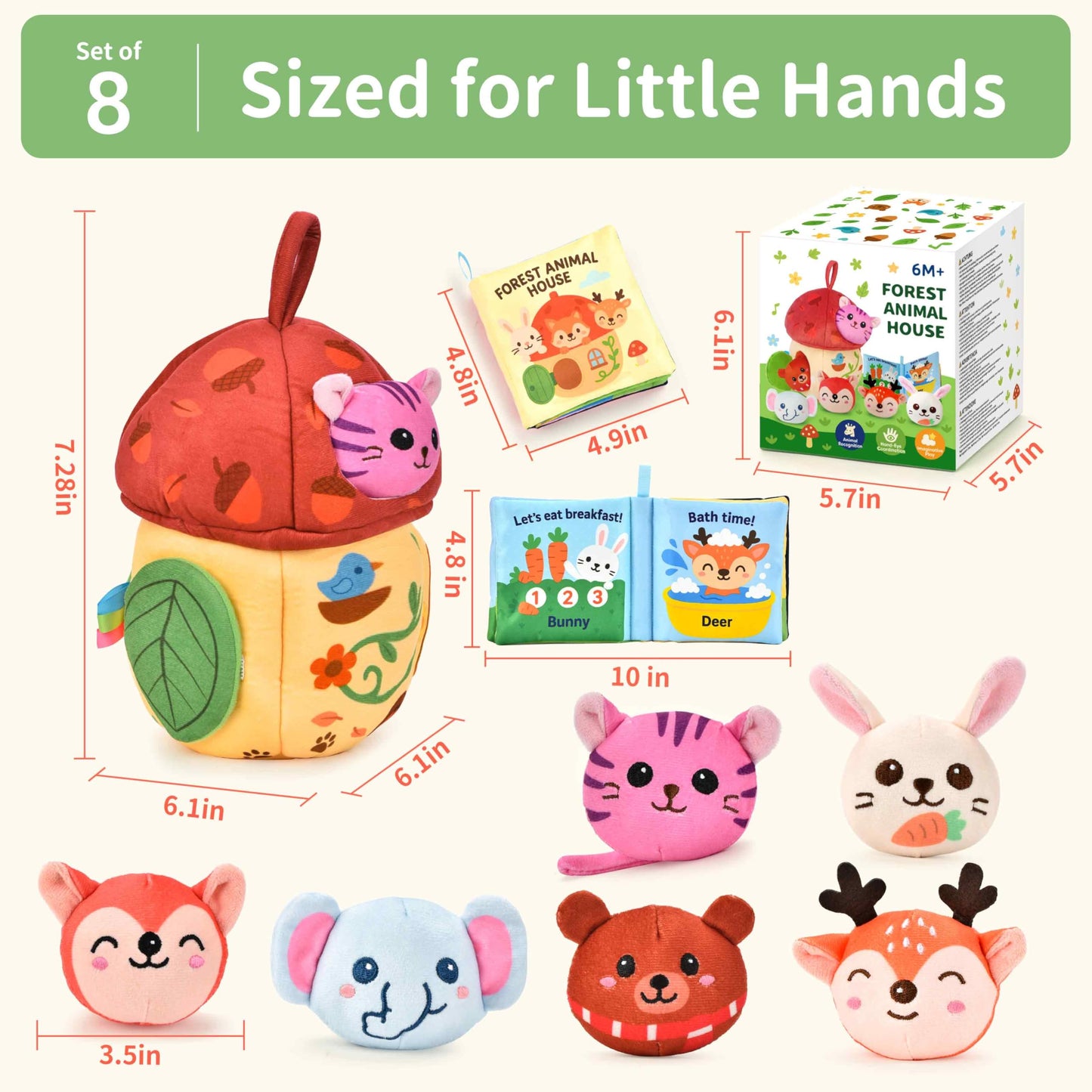 Duwagtry Montessori Sensory Playset for 6–12 Months & 1 Year Olds | Acorn House, Plush Animals & Cloth Book