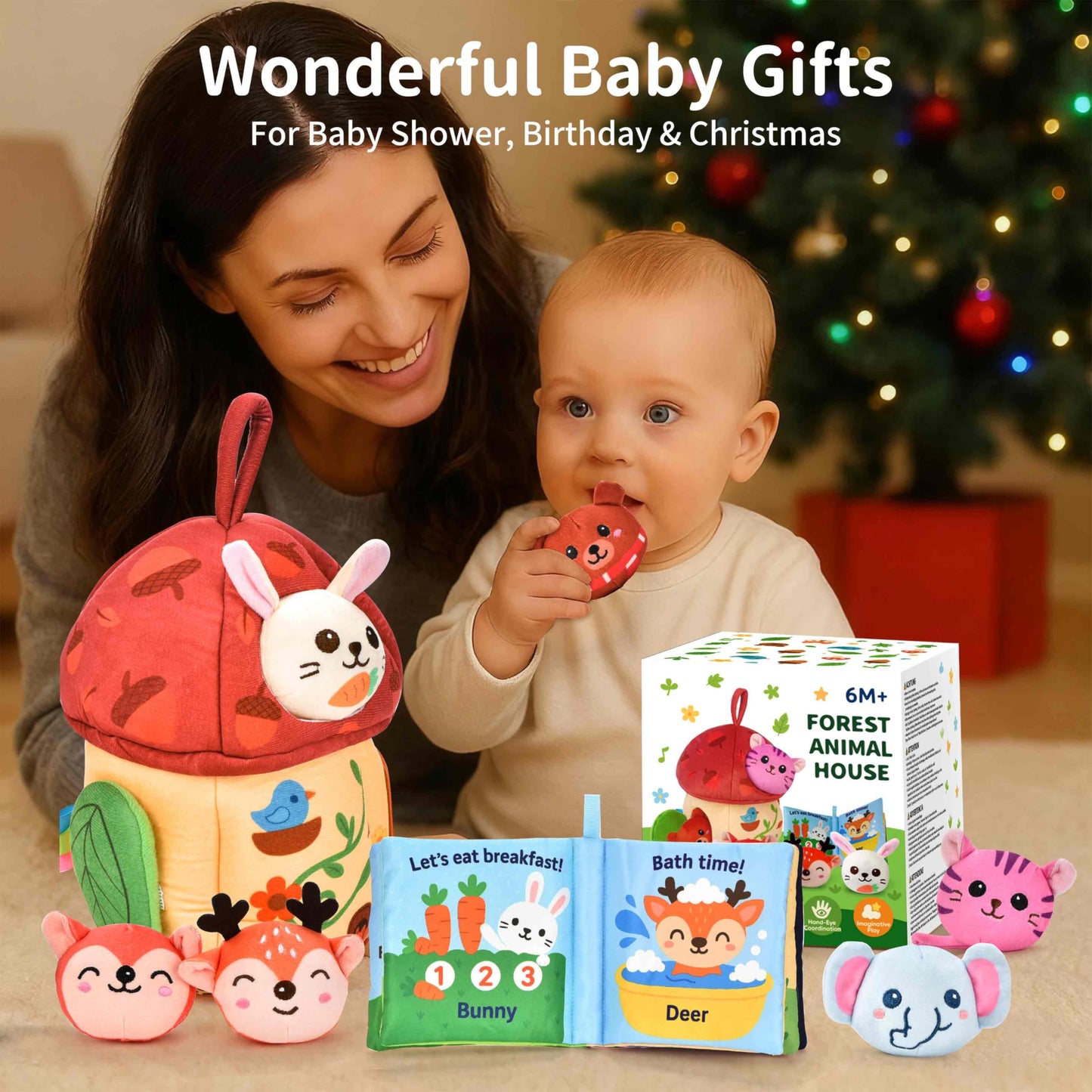 Duwagtry Montessori Sensory Playset for 6–12 Months & 1 Year Olds | Acorn House, Plush Animals & Cloth Book