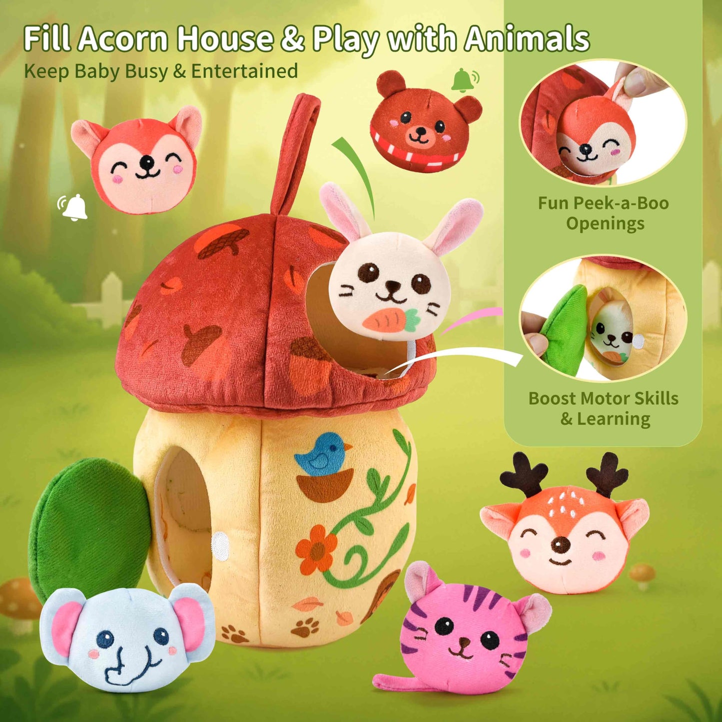 Duwagtry Montessori Sensory Playset for 6–12 Months & 1 Year Olds | Acorn House, Plush Animals & Cloth Book