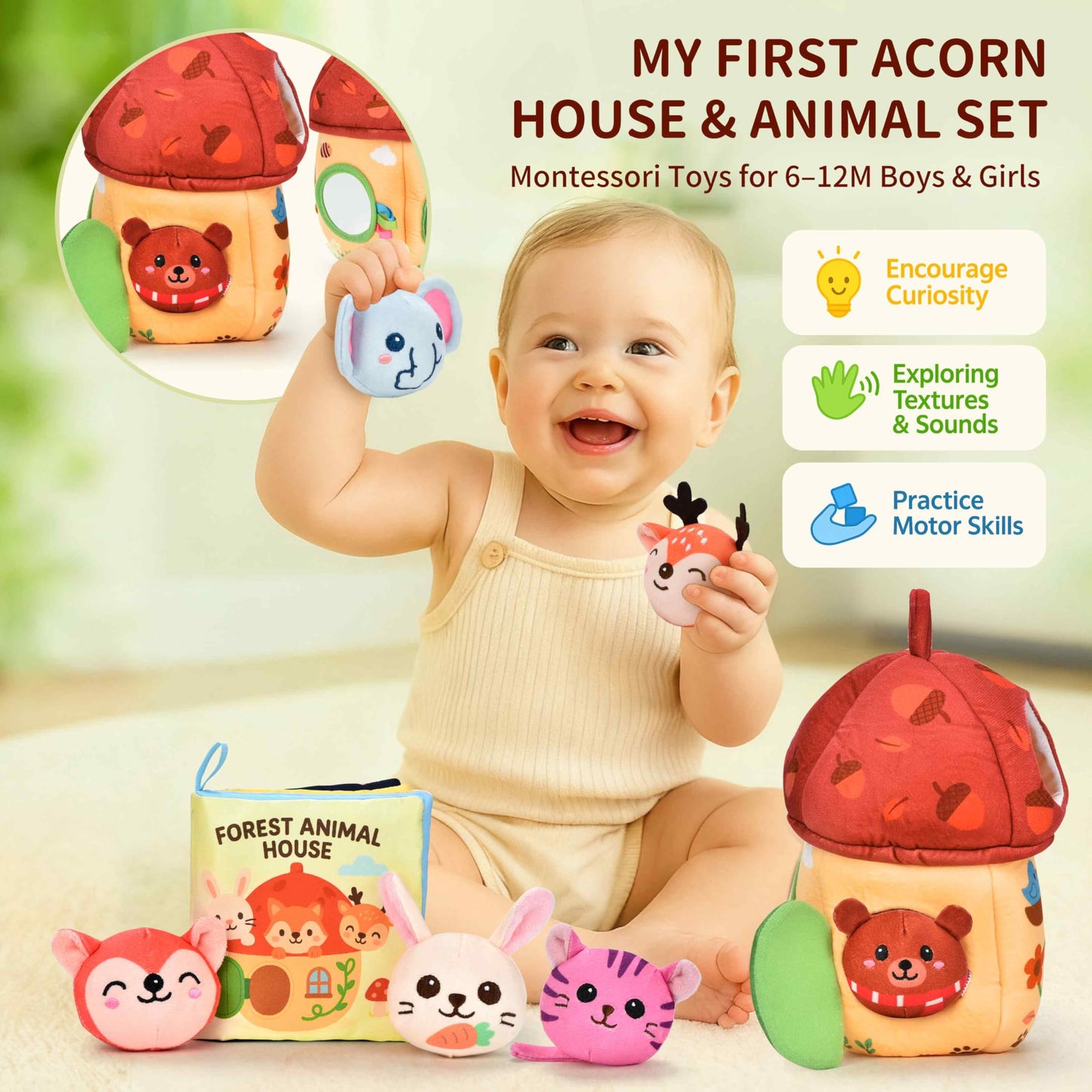 Duwagtry Montessori Sensory Playset for 6–12 Months & 1 Year Olds | Acorn House, Plush Animals & Cloth Book