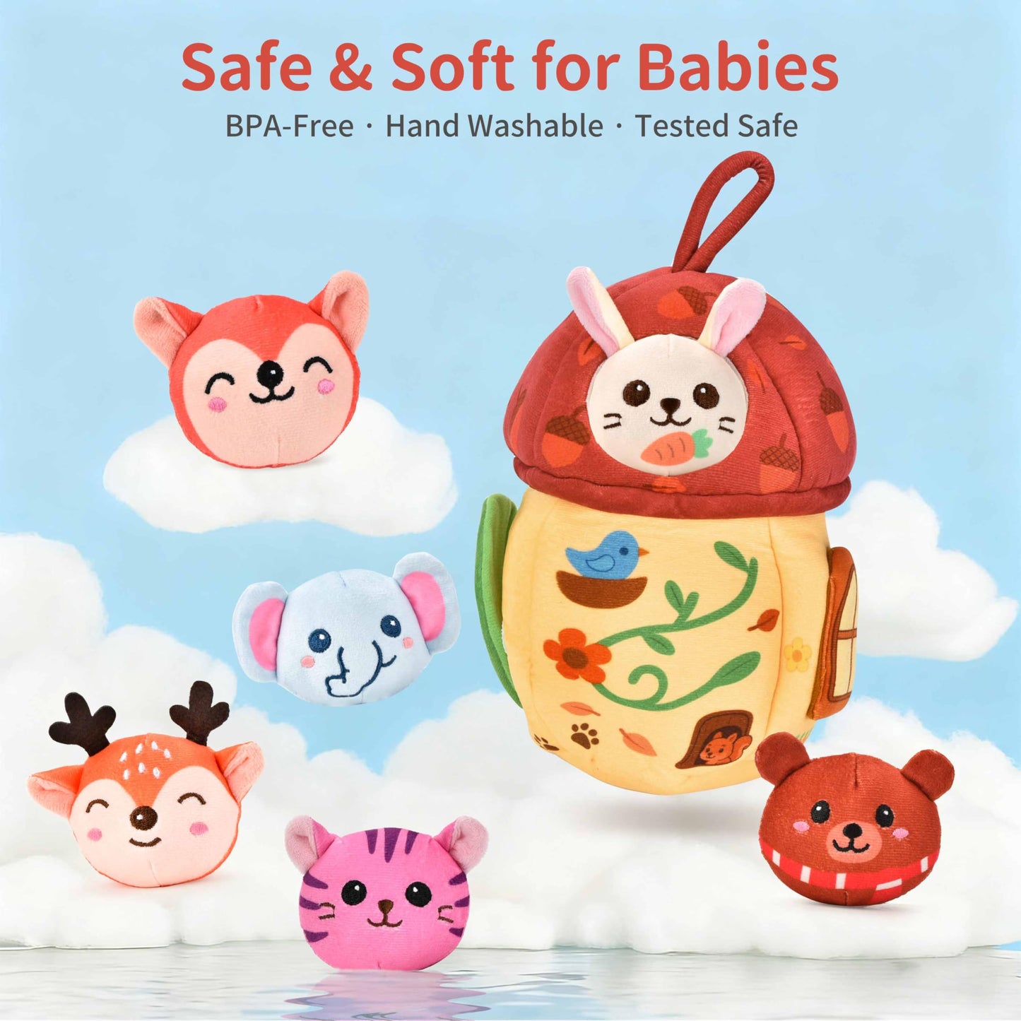 Duwagtry Montessori Sensory Playset for 6–12 Months & 1 Year Olds | Acorn House, Plush Animals & Cloth Book
