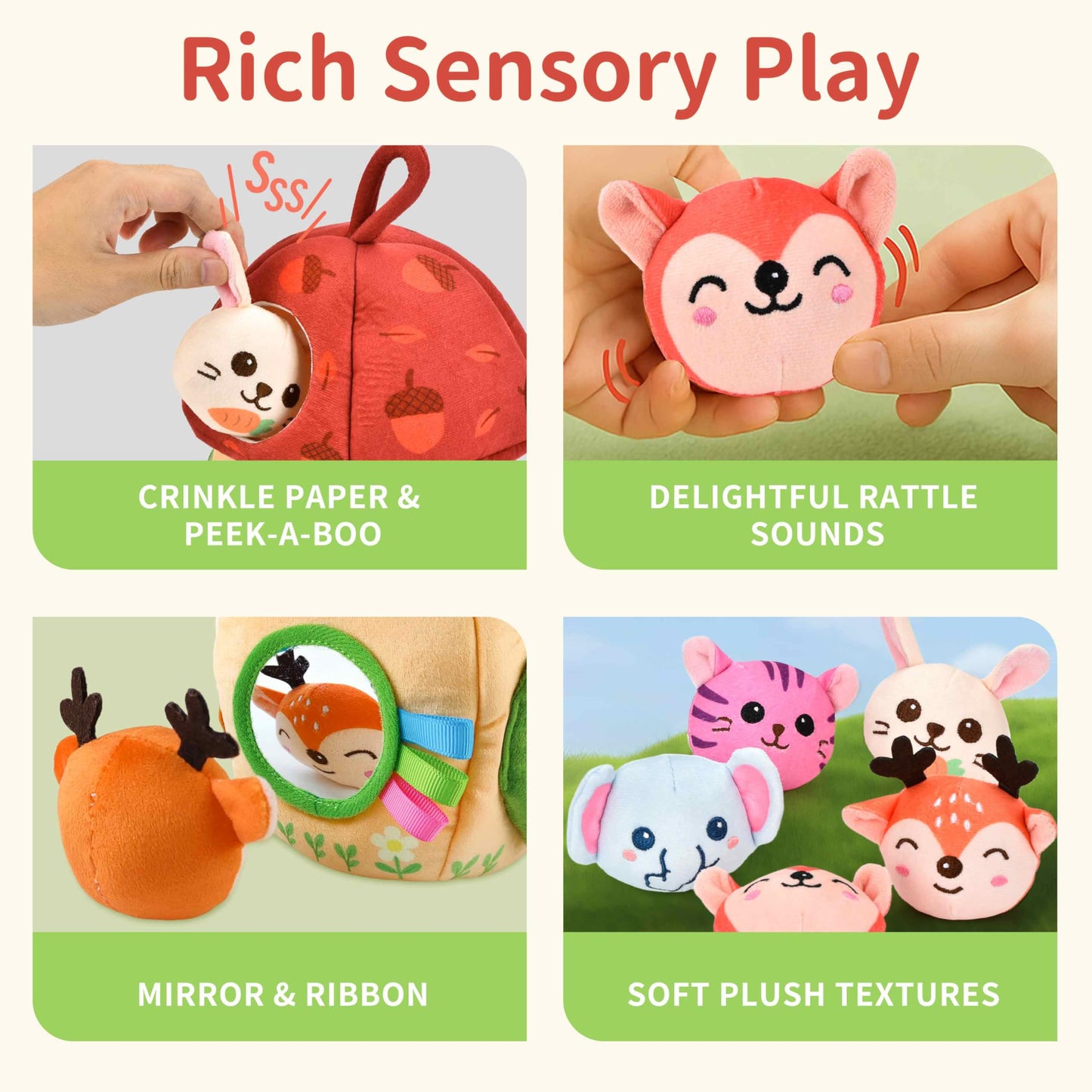 Duwagtry Montessori Sensory Playset for 6–12 Months & 1 Year Olds | Acorn House, Plush Animals & Cloth Book