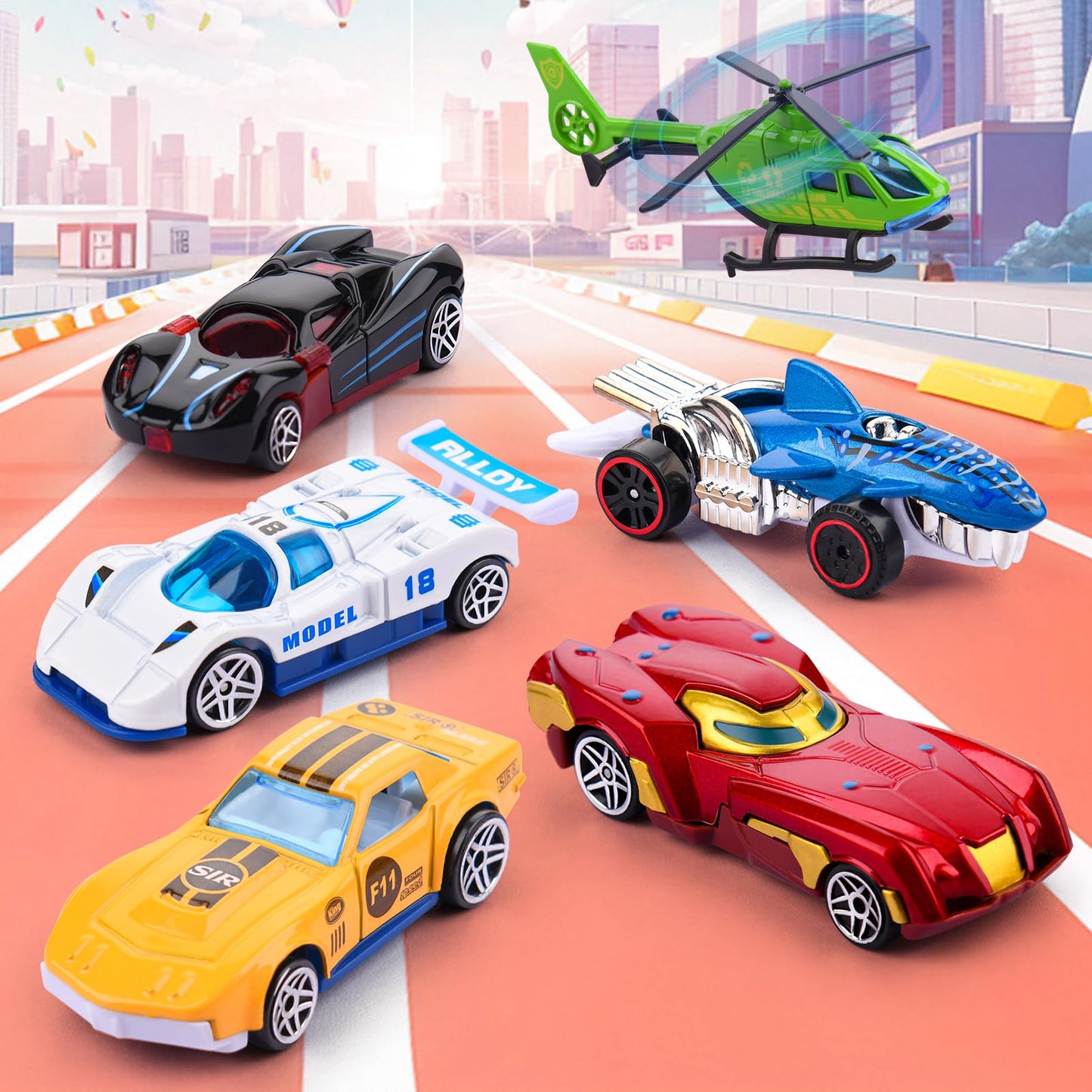 DUYOYU City Ultimate Garage Track Set with Electric Elevator, 5 Die-Cast Cars & Helicopter