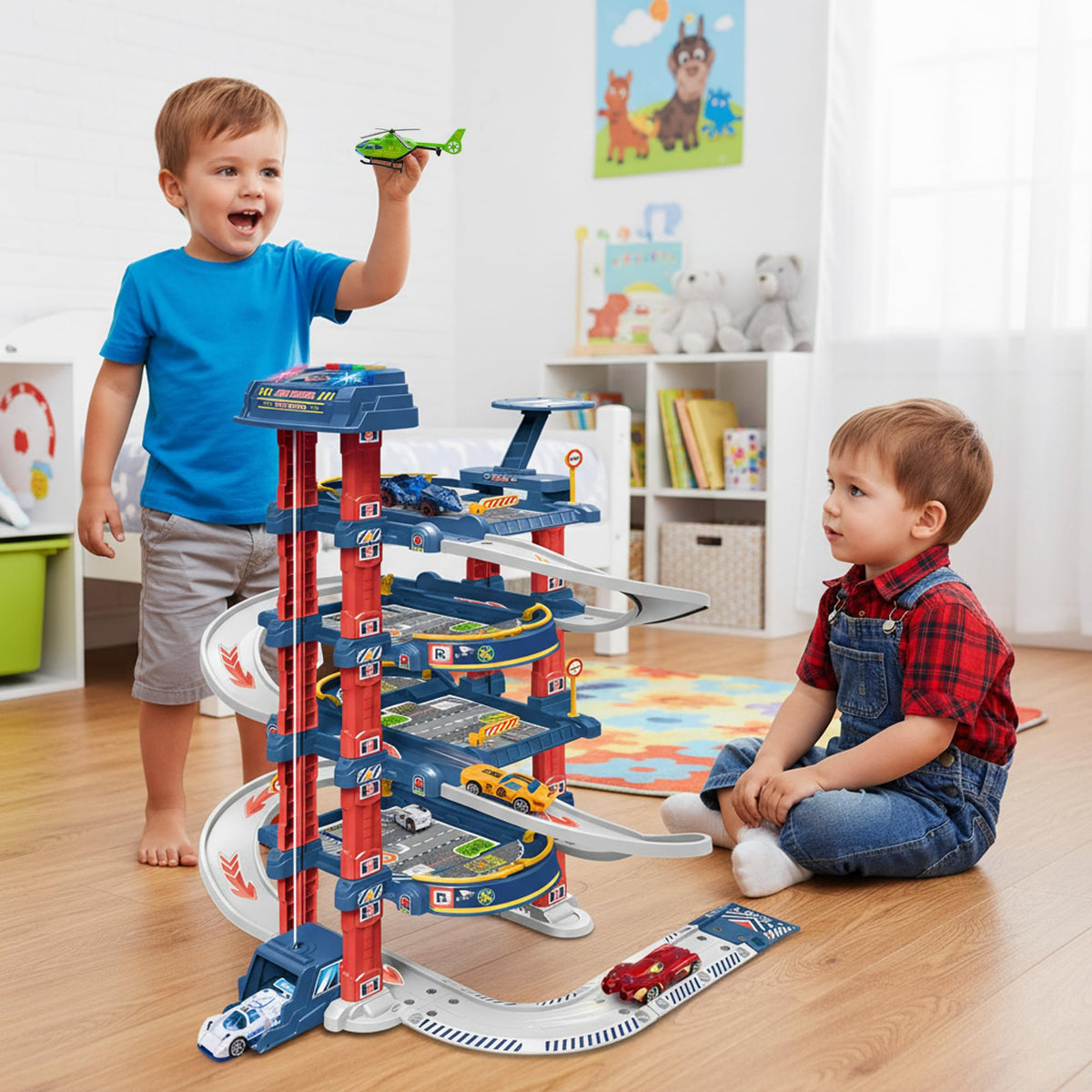 DUYOYU City Ultimate Garage Track Set with Electric Elevator, 5 Die-Cast Cars & Helicopter