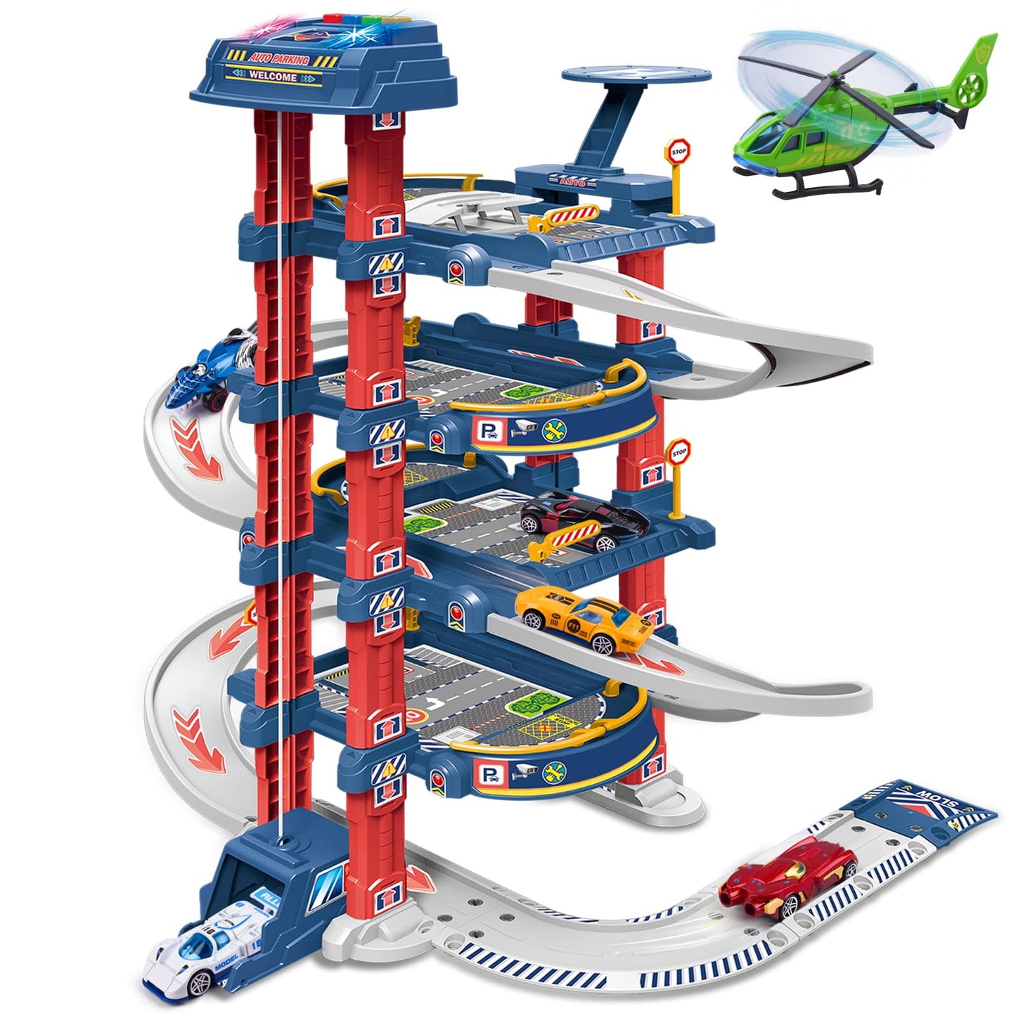 DUYOYU City Ultimate Garage Track Set with Electric Elevator, 5 Die-Cast Cars & Helicopter