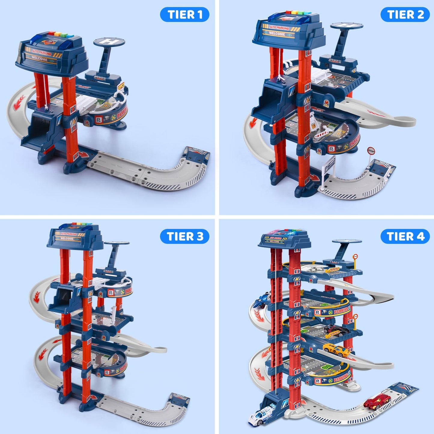 DUYOYU City Ultimate Garage Track Set with Electric Elevator, 5 Die-Cast Cars & Helicopter