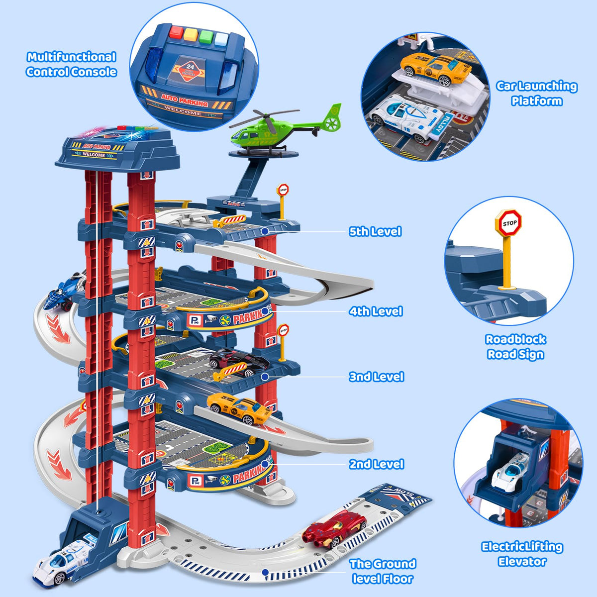 DUYOYU City Ultimate Garage Track Set with Electric Elevator, 5 Die-Cast Cars & Helicopter