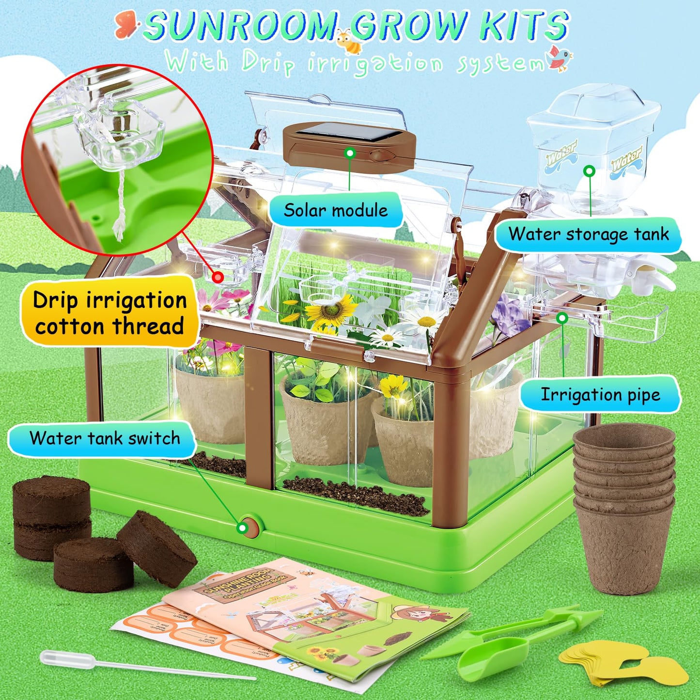 DUYOYU Kids Plant Growing Kit – Greenhouse, Upgraded Irrigation & Grow Light (Solar Green)