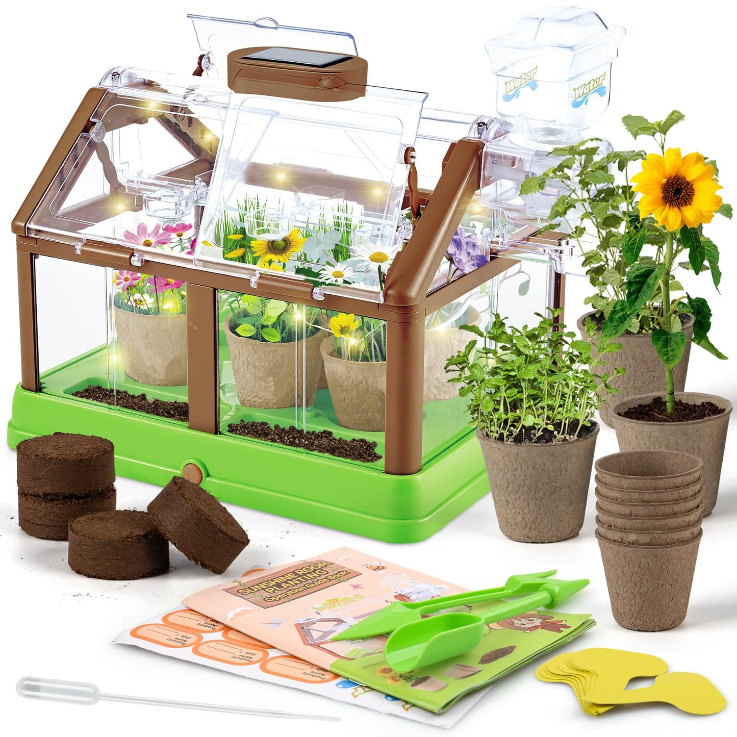 DUYOYU Kids Plant Growing Kit – Greenhouse, Upgraded Irrigation & Grow Light (Solar Green)