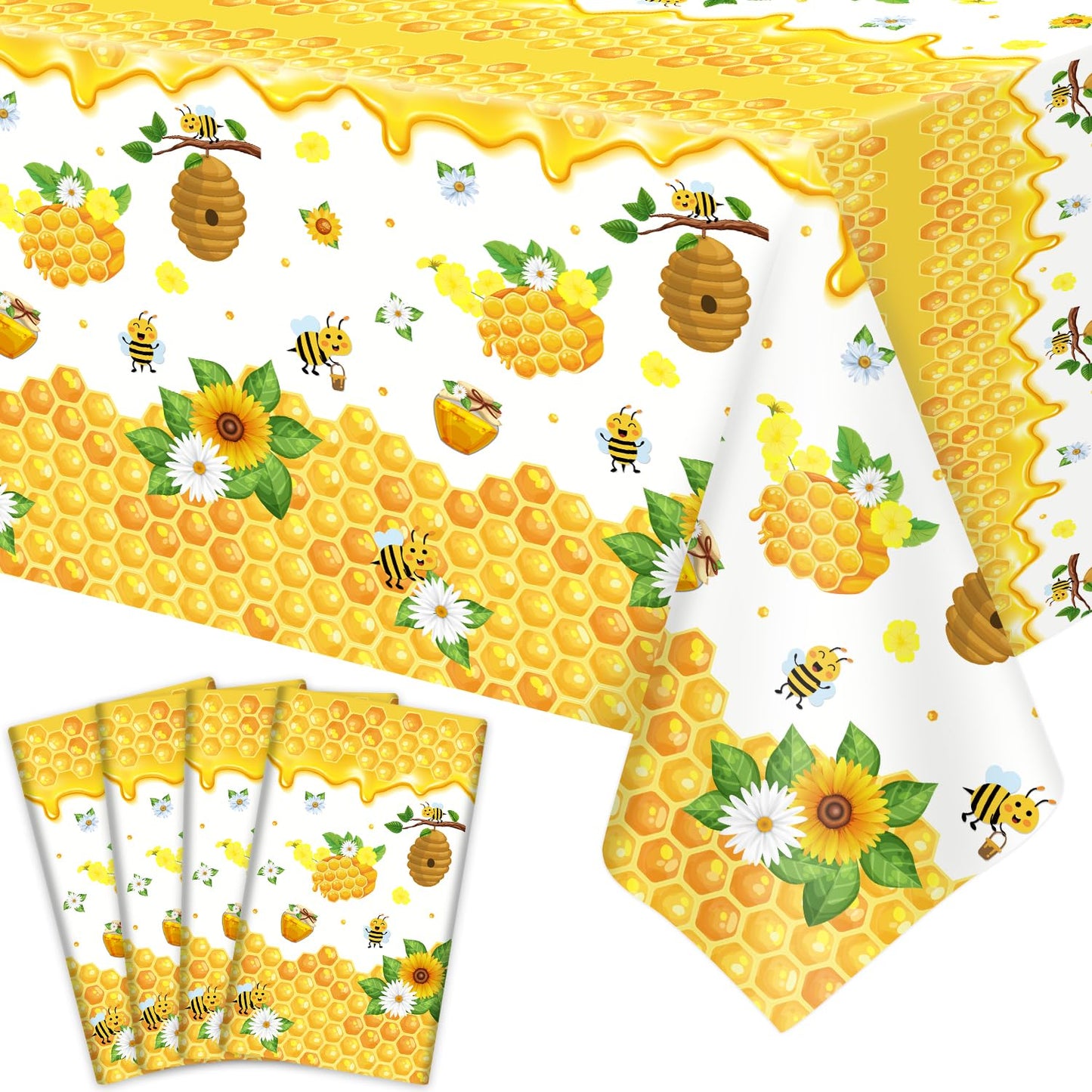 Dvaorc 4 Pack Bee Tablecloths – 51 x 86 Inch Waterproof Bee Theme Party Covers