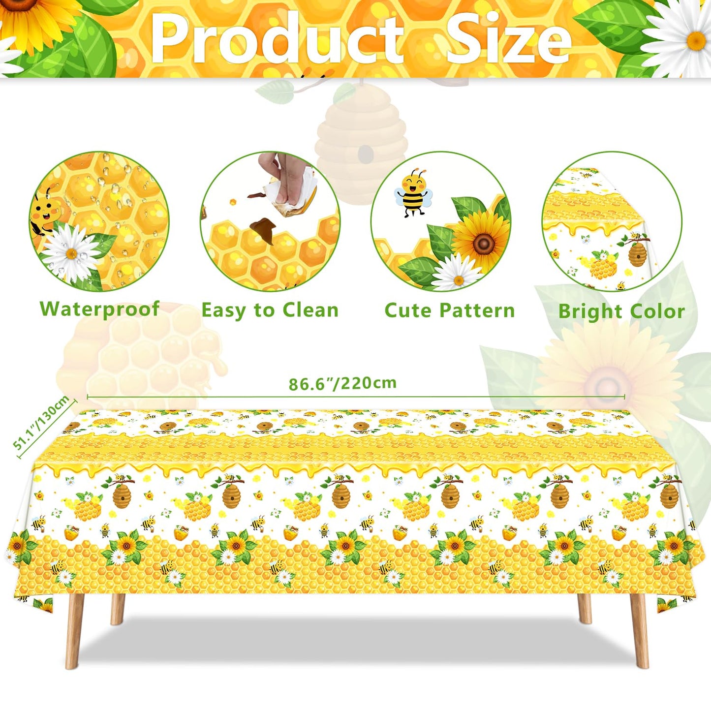 Dvaorc 4 Pack Bee Tablecloths – 51 x 86 Inch Waterproof Bee Theme Party Covers