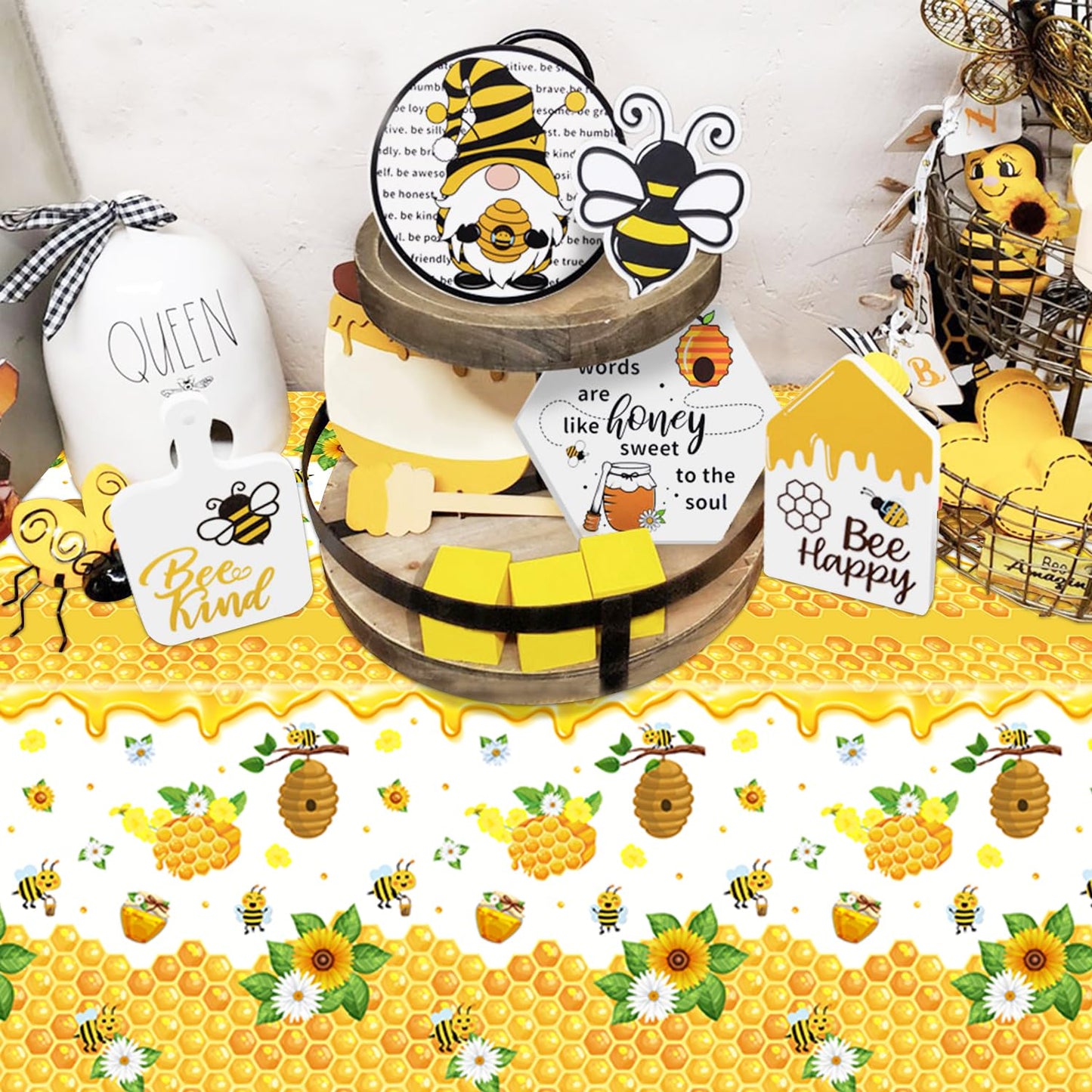 Dvaorc 4 Pack Bee Tablecloths – 51 x 86 Inch Waterproof Bee Theme Party Covers