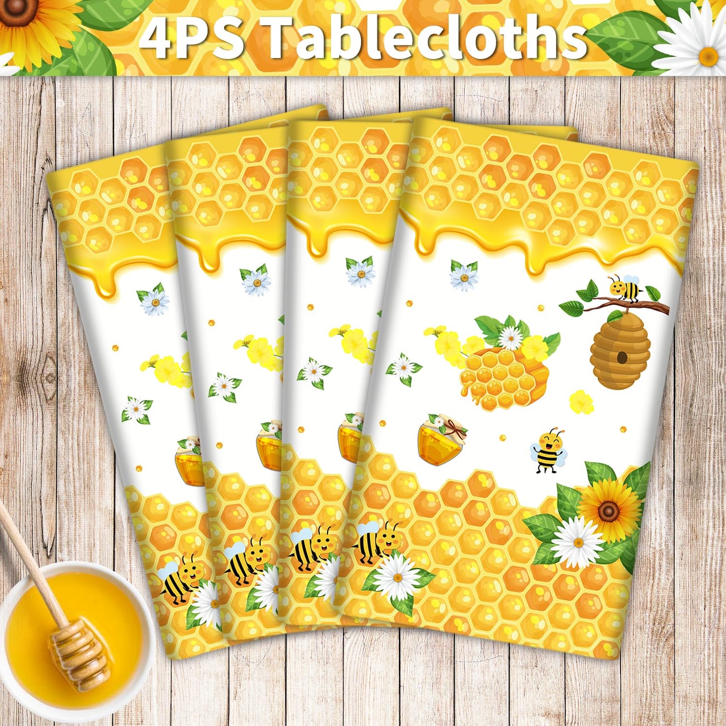 Dvaorc 4 Pack Bee Tablecloths – 51 x 86 Inch Waterproof Bee Theme Party Covers