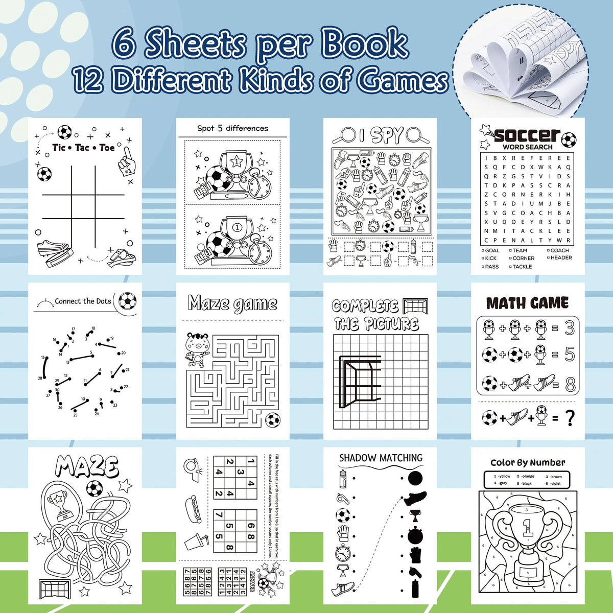 Dvbonike 24Pcs Soccer Activity Books for Kids – Football Mini Games & Party Favors Bulk Pack
