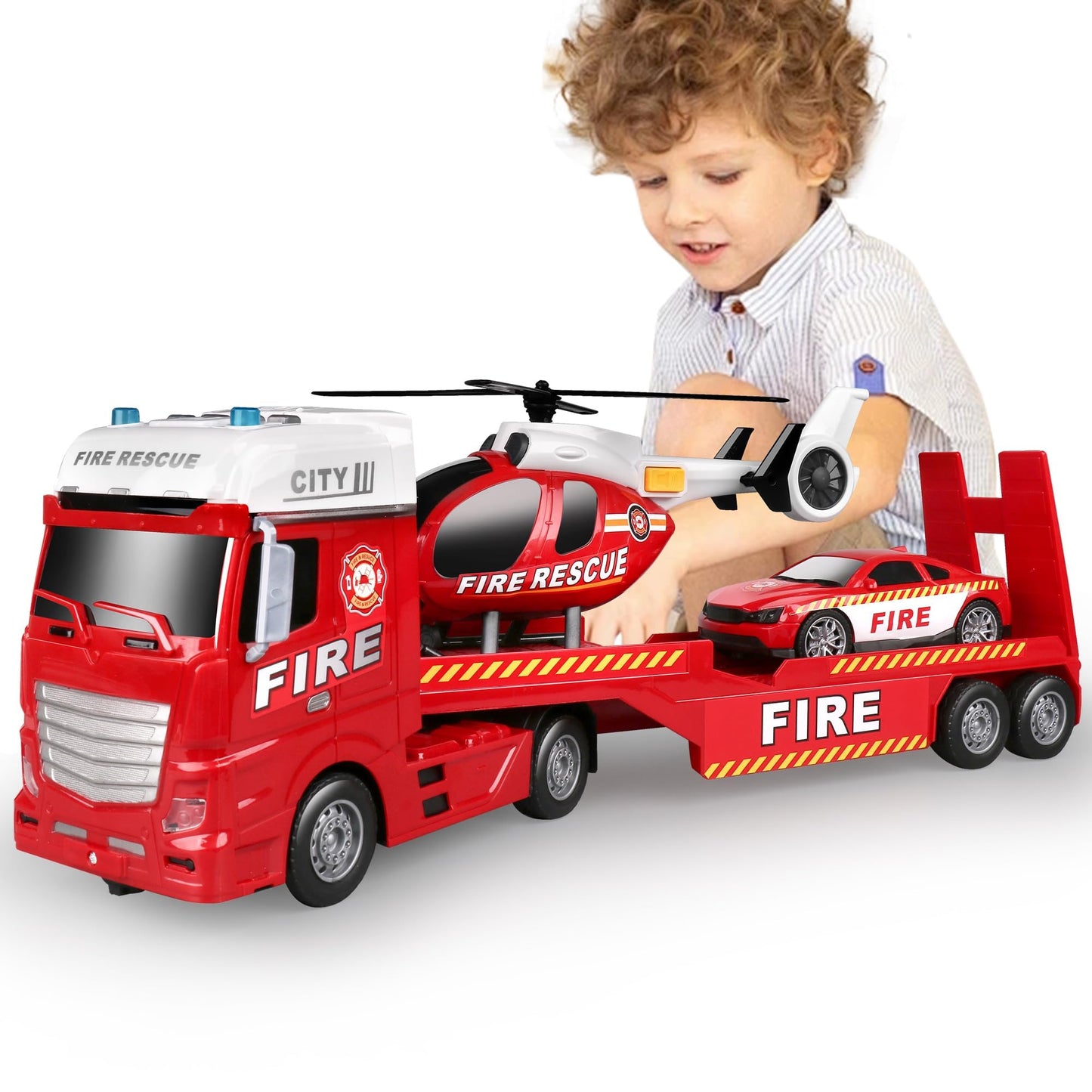 Dwi Dowellin 25.6-inch Semi Truck Toy – 3-in-1 with Helicopter & Racing Car for Kids 1-6
