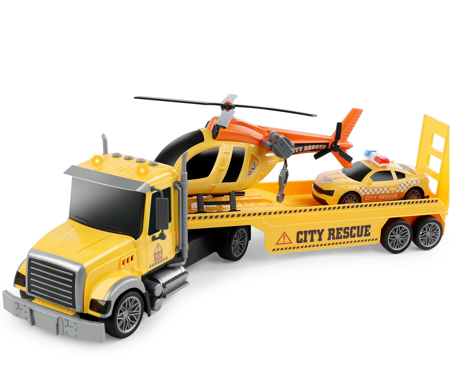 Dwi Dowellin 27-Inch Friction Tow Truck Toy with Car & Helicopter | Large Semi Truck Playset
