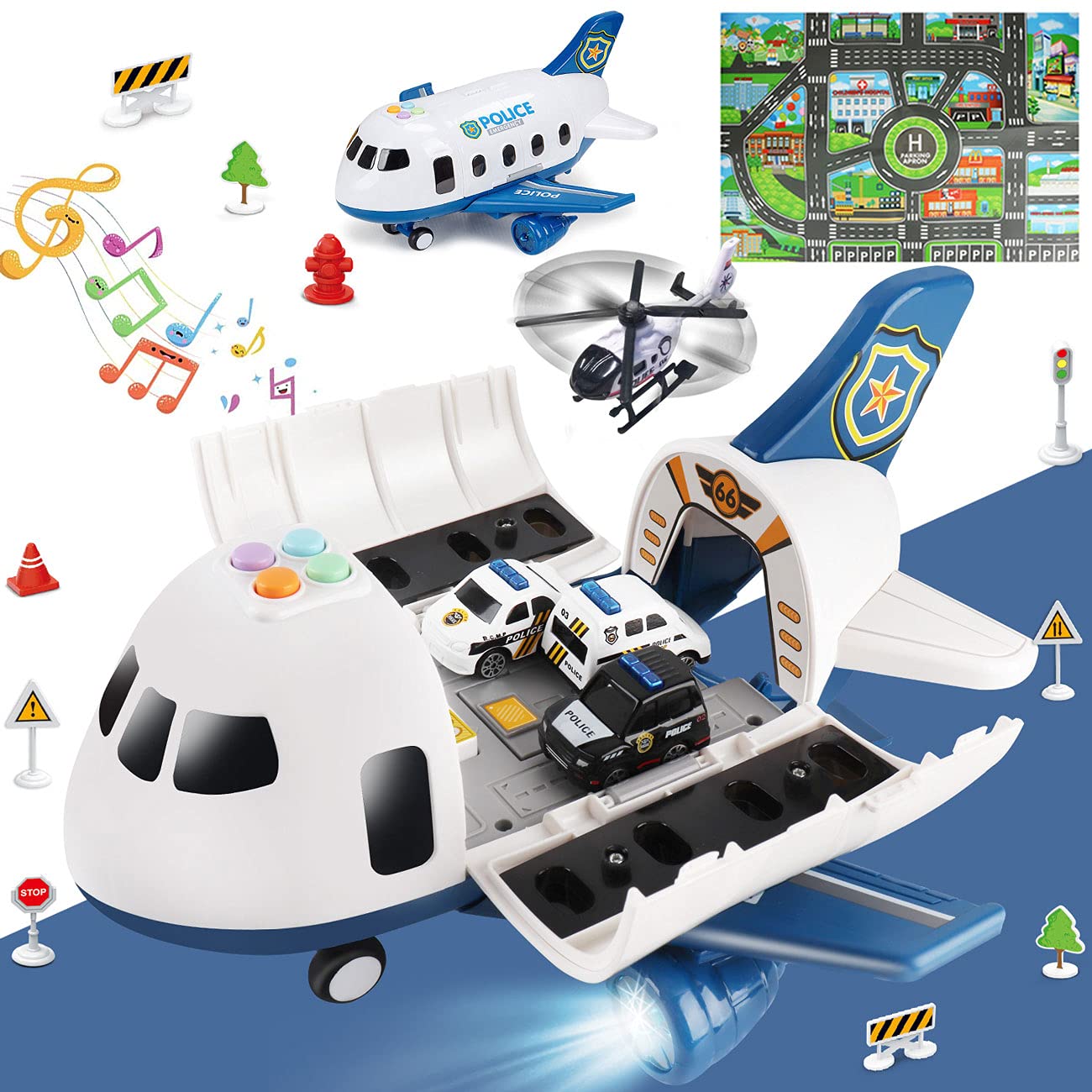 Dwi Dowellin 5-in-1 Airplane Toys with Light & Sound | Police Car Toys & Activity Mat for Kids 3-6