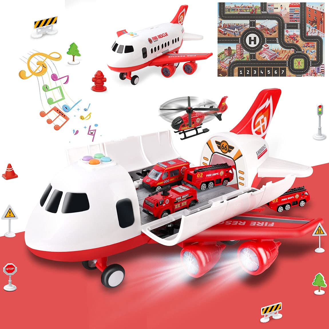 Dwi Dowellin Airplane Toy Playset with Fire Trucks, Lights & Sounds – 3+ Years
