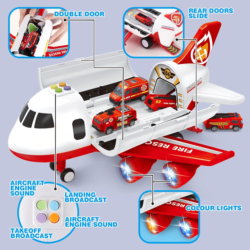 Dwi Dowellin Airplane Toy Playset with Fire Trucks, Lights & Sounds – 3+ Years