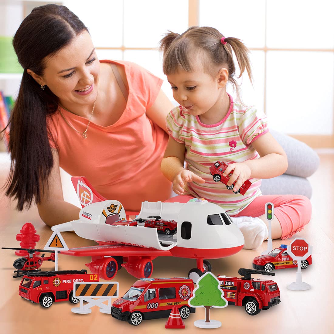 Dwi Dowellin Airplane Toy Playset with Fire Trucks, Lights & Sounds – 3+ Years